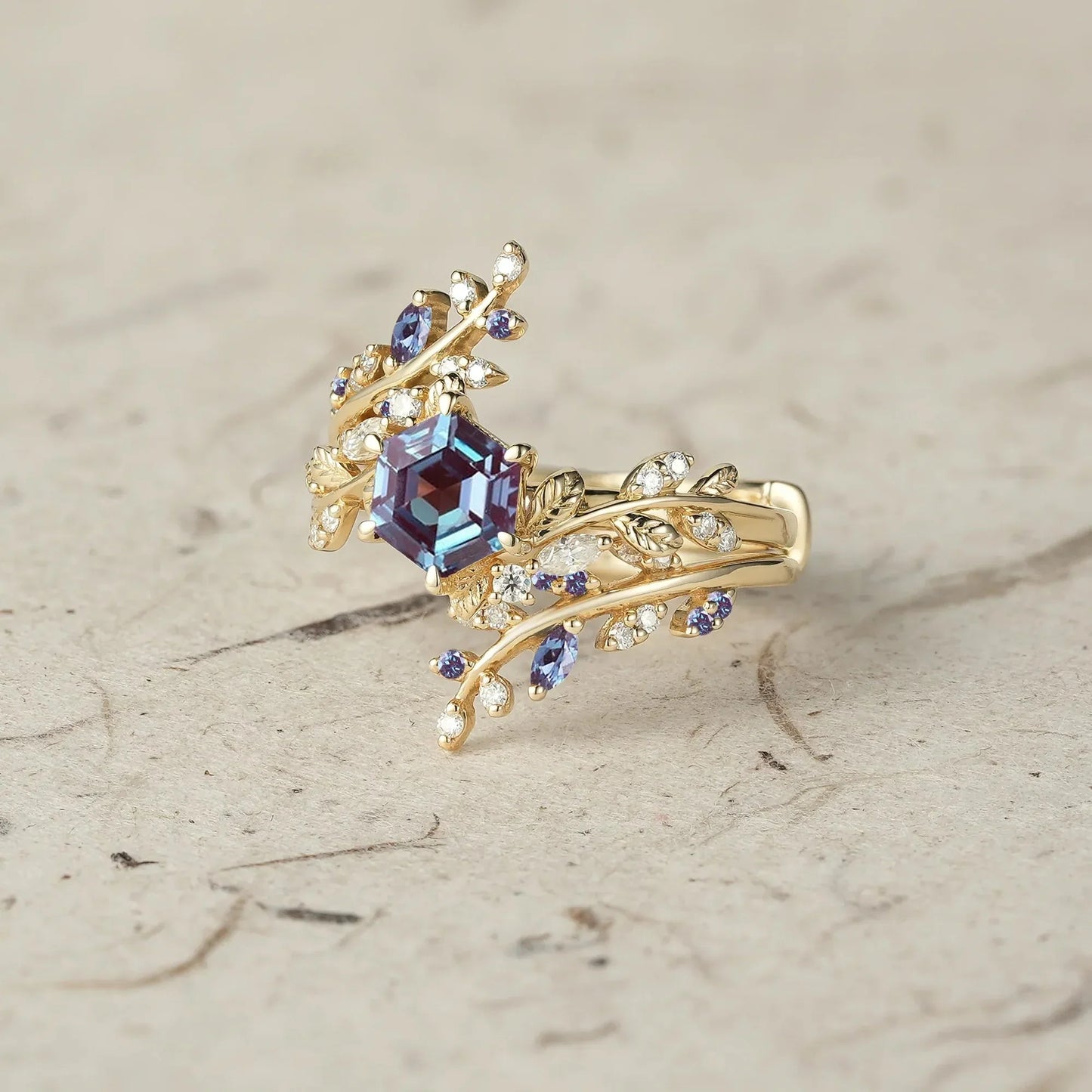 Aphrodite's Hexagon Cut Alexandrite Asymmetric Leaf Enhancer Ring Set - Eliza
