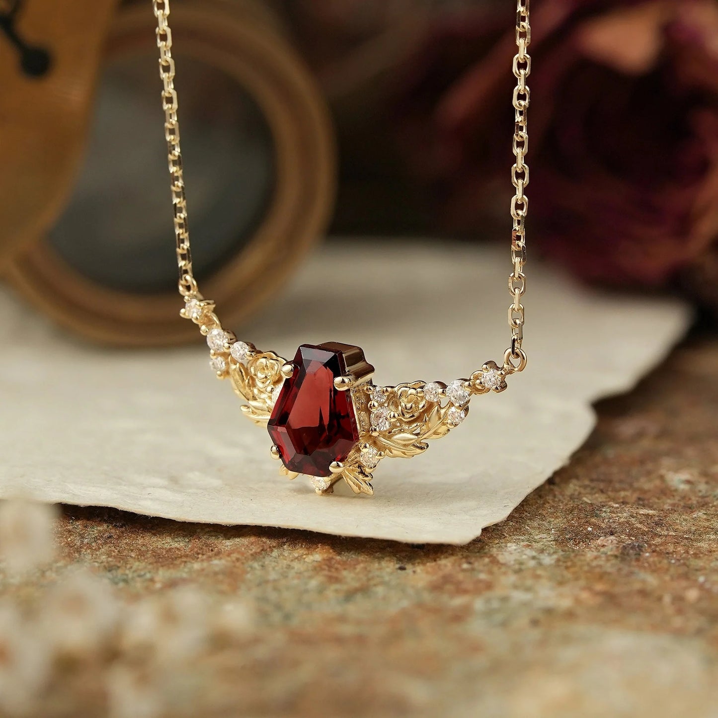 Blooming Rose: Coffin Garnet Floral Leaf Inspired Necklace Halloween Gift For Her