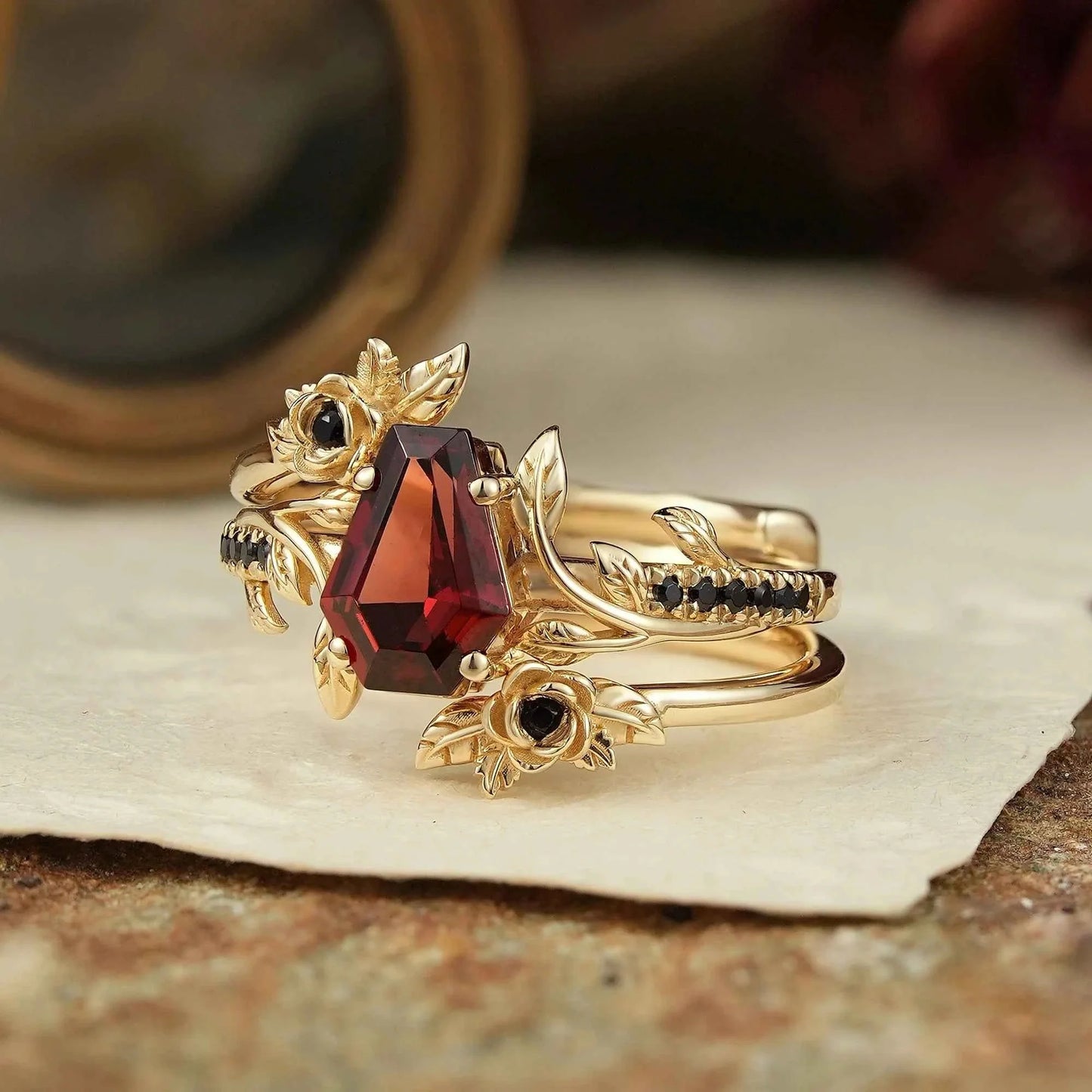Coffin Cut Garnet And Black Onyx Floral Enhancer Ring Set - Rose Blossom