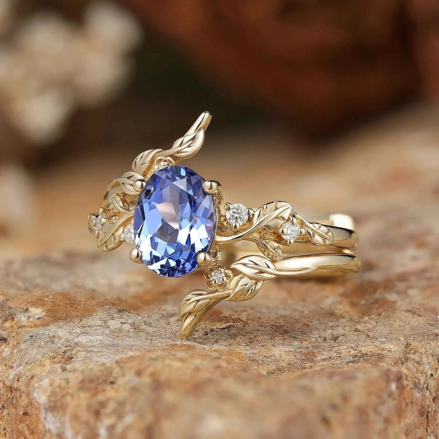 Cornflower Sapphire & Moissanite Floral Ring Set 2pcs - Fioralba