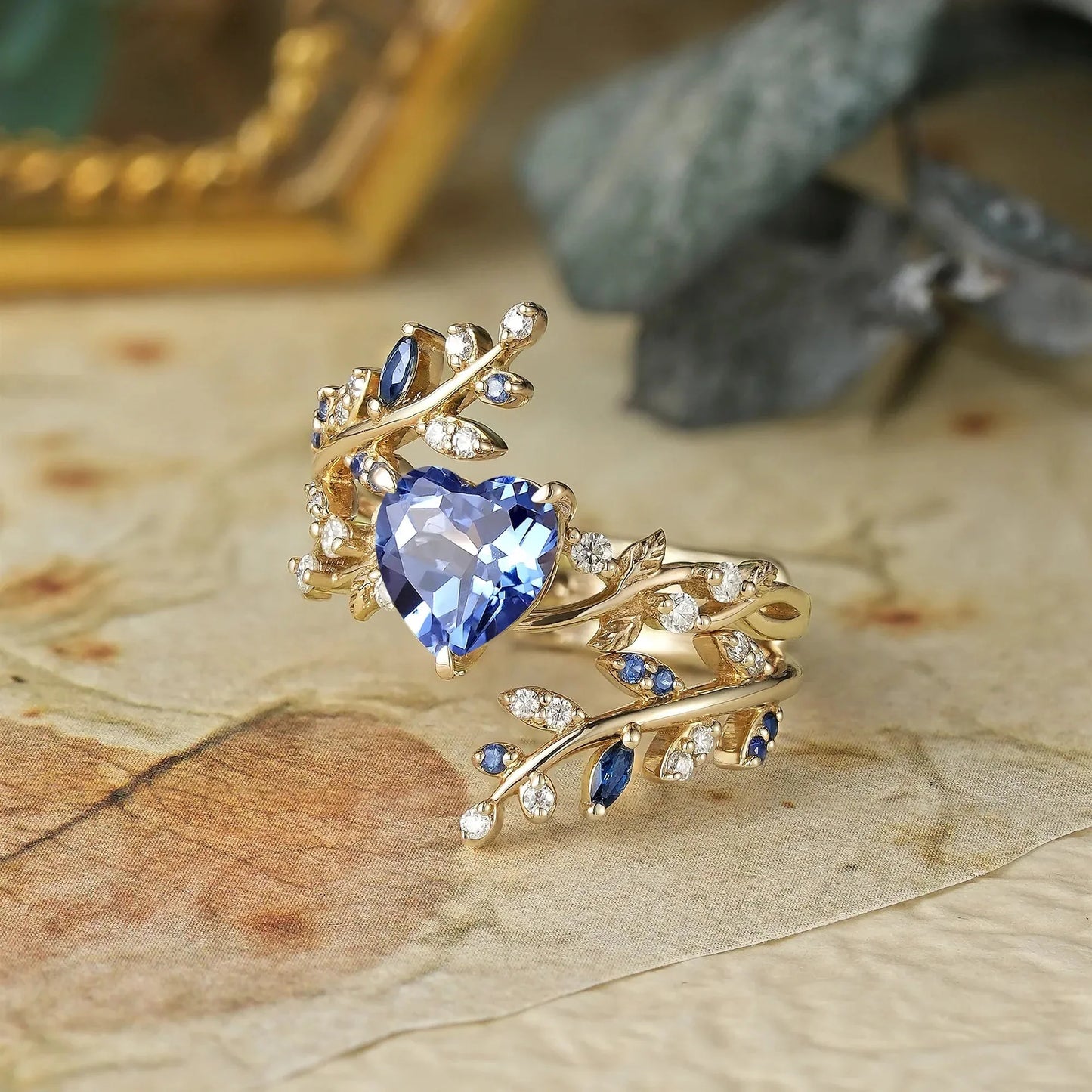 Cross Leaf Heart Shaped Cornflower Sapphire Ehancer Ring Set - Hazel - GemsMagic