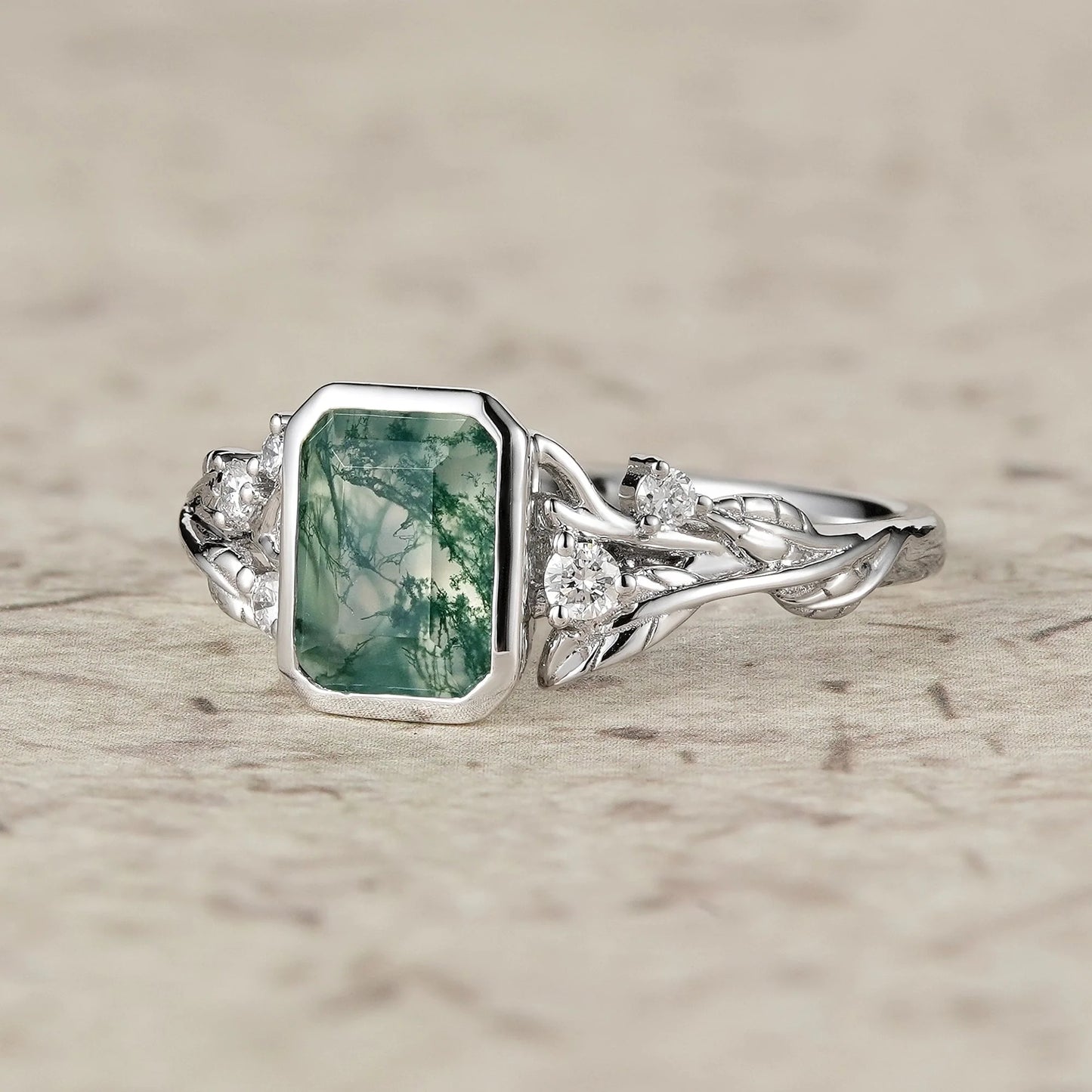 Dainty Emerald Cut Moss Agate Bazel Engagement Ring-Lily