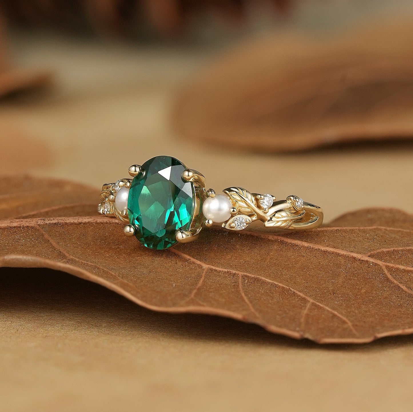 Emerald Leaf Vine Ring with Pearls & Moissanite - Orla
