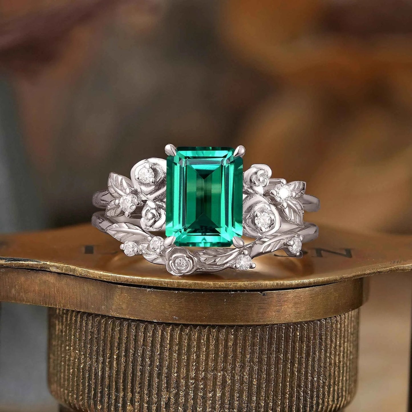Emerald Nature Inspired Bridal Ring Set Mixed Metal Rose Blossom Wedding Ring Set