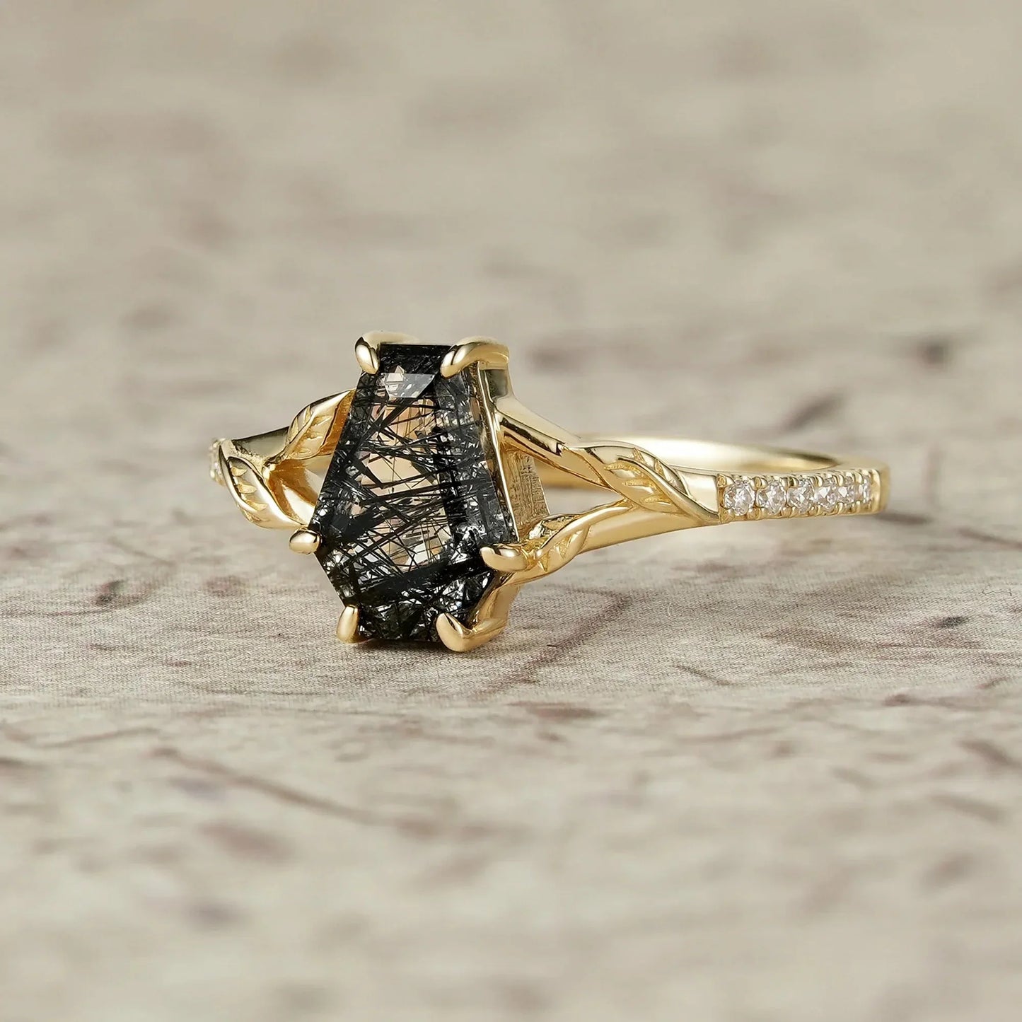 Gothic Leaf Ring: Coffin-Cut Black Rutilated Quartz-Thalassa