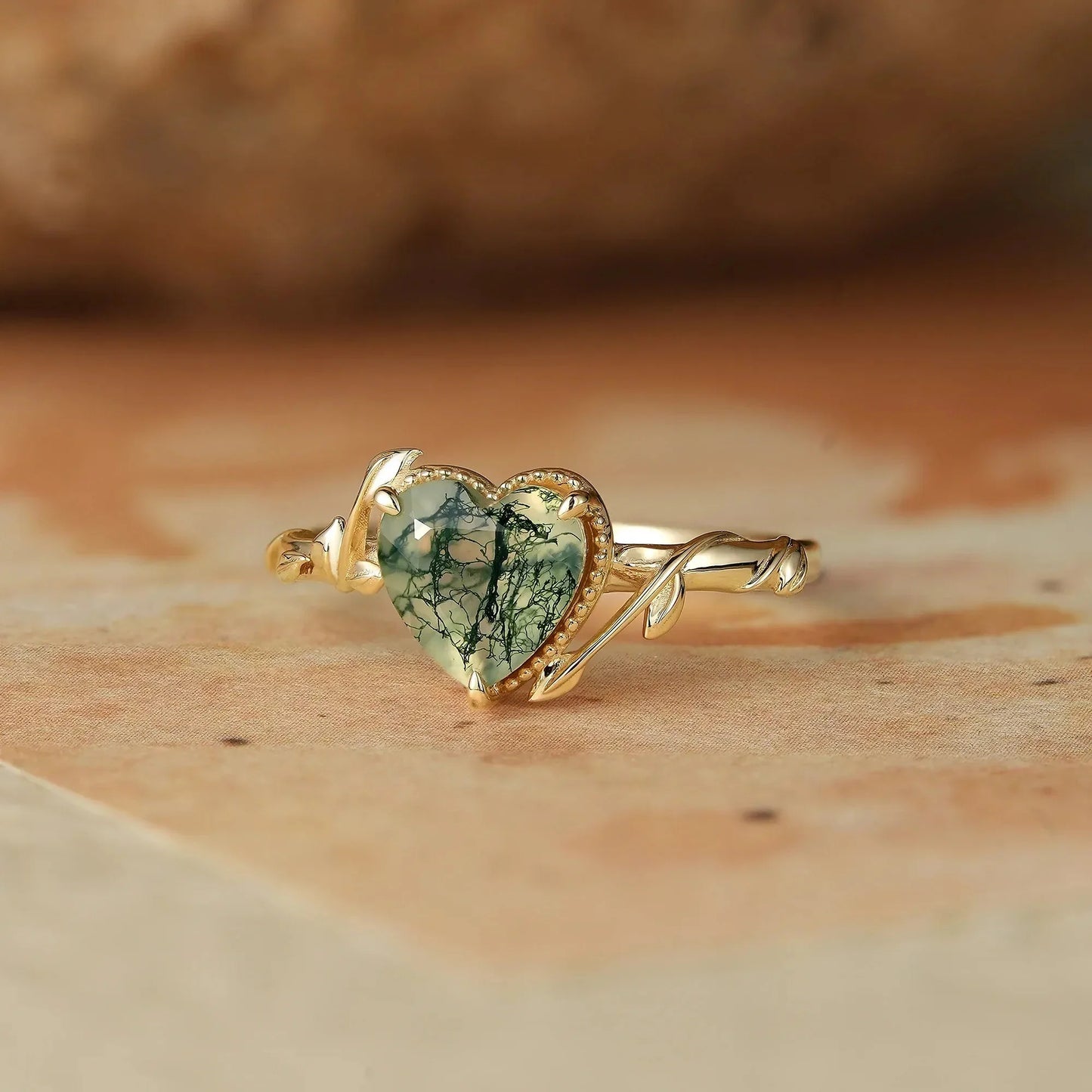 Heart Moss Agate Natural Inspired Leaf Engagement Ring - Faith - GemsMagic