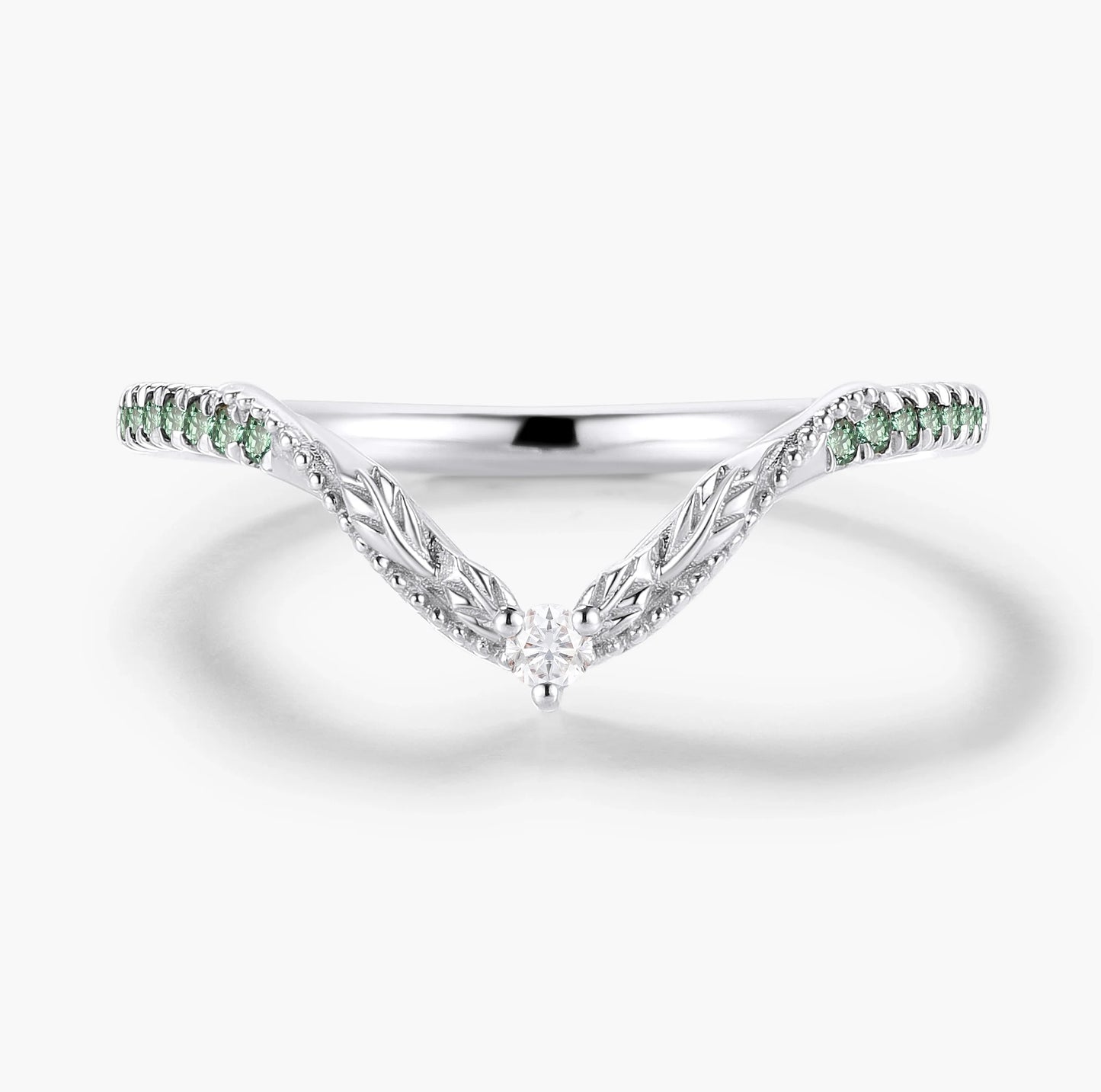 Vintage Nature Inspired Natural Green sapphire Moissanite Curved Wedding Band - Vivienne