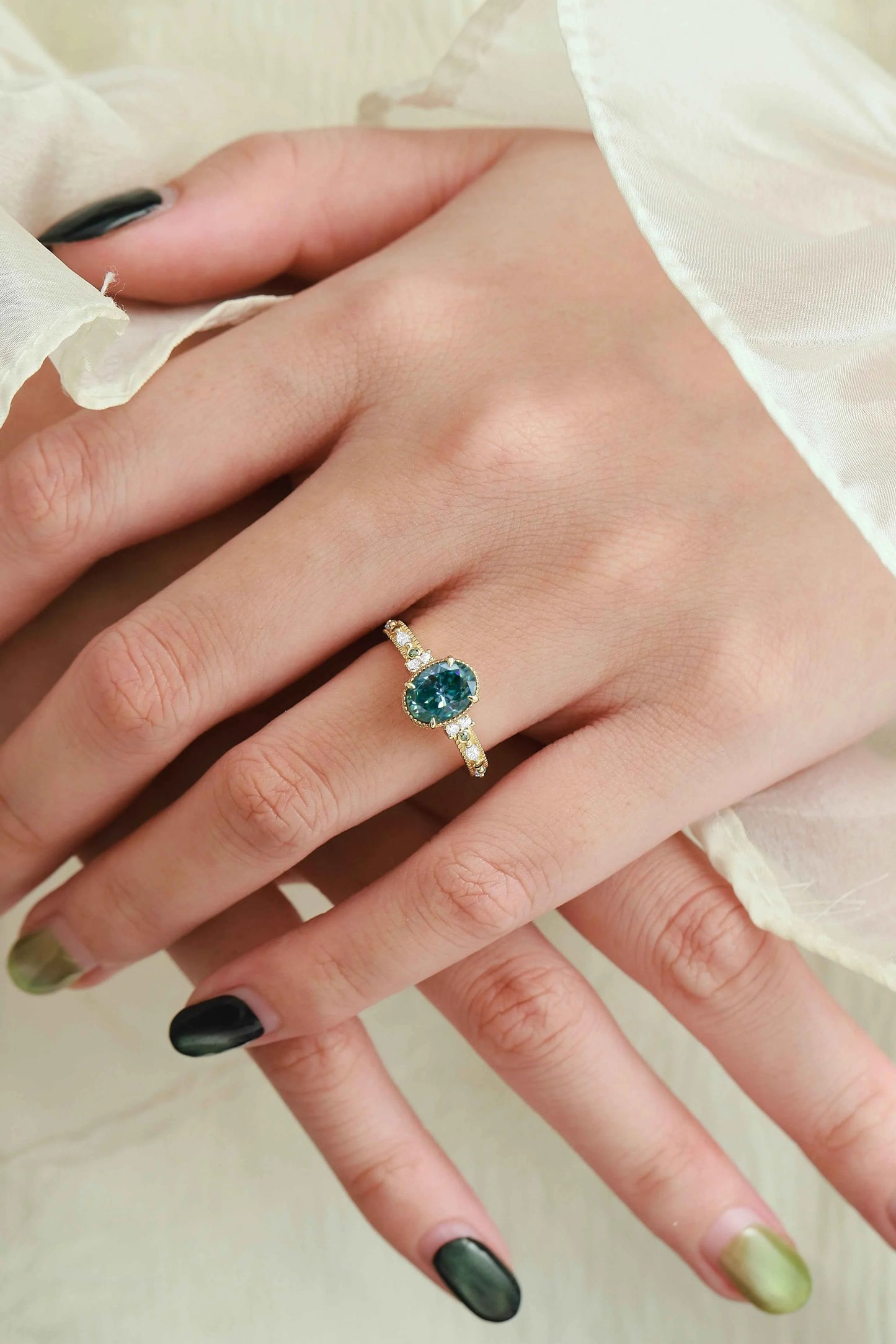 Classic Oval Cut Green Moissanite Bezel Engagement Ring
