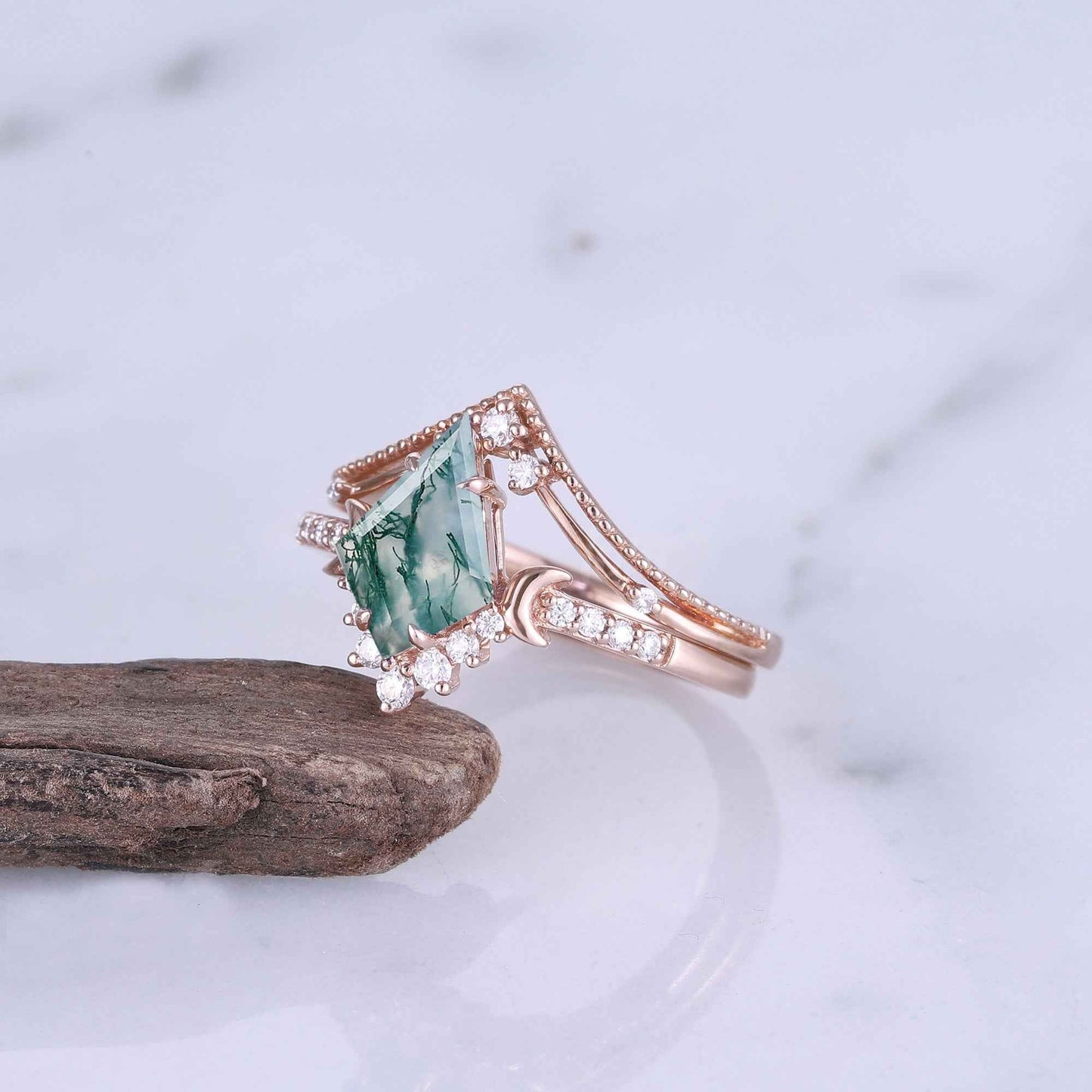 Unique kite Cut Moss Agate Moon Gemstone Ring Set 2pcs