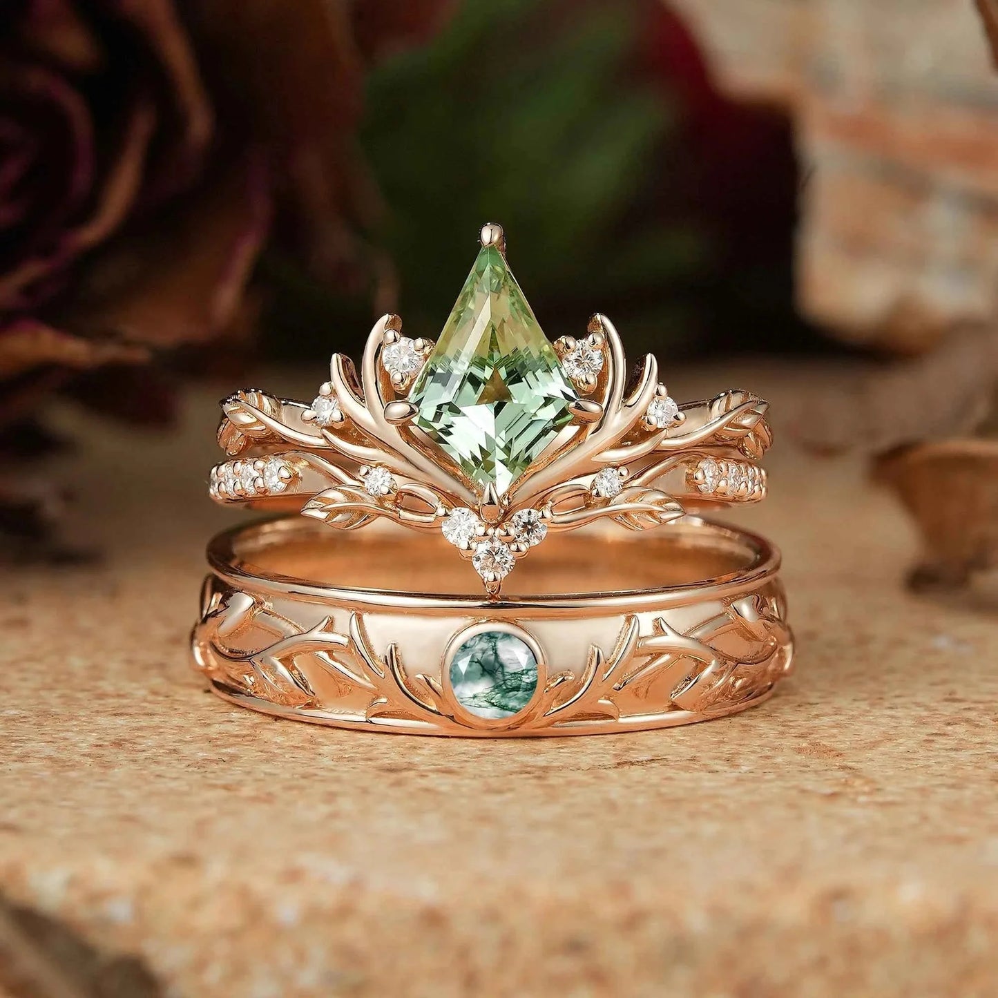 Kite Cut Green Sapphire Bridal Ring Set And Moss Agate Men's Ring Stag Inspired Couple Ring Set