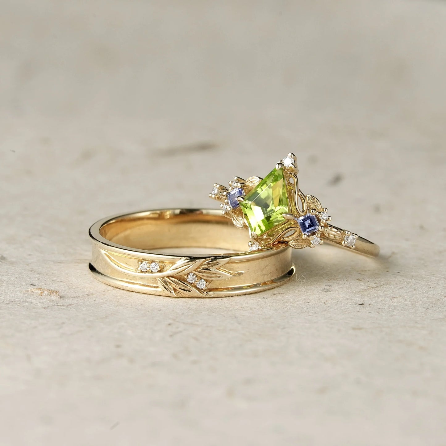 Kite-Shaped Peridot Tanzanite Couple's Ring-Perfect Match