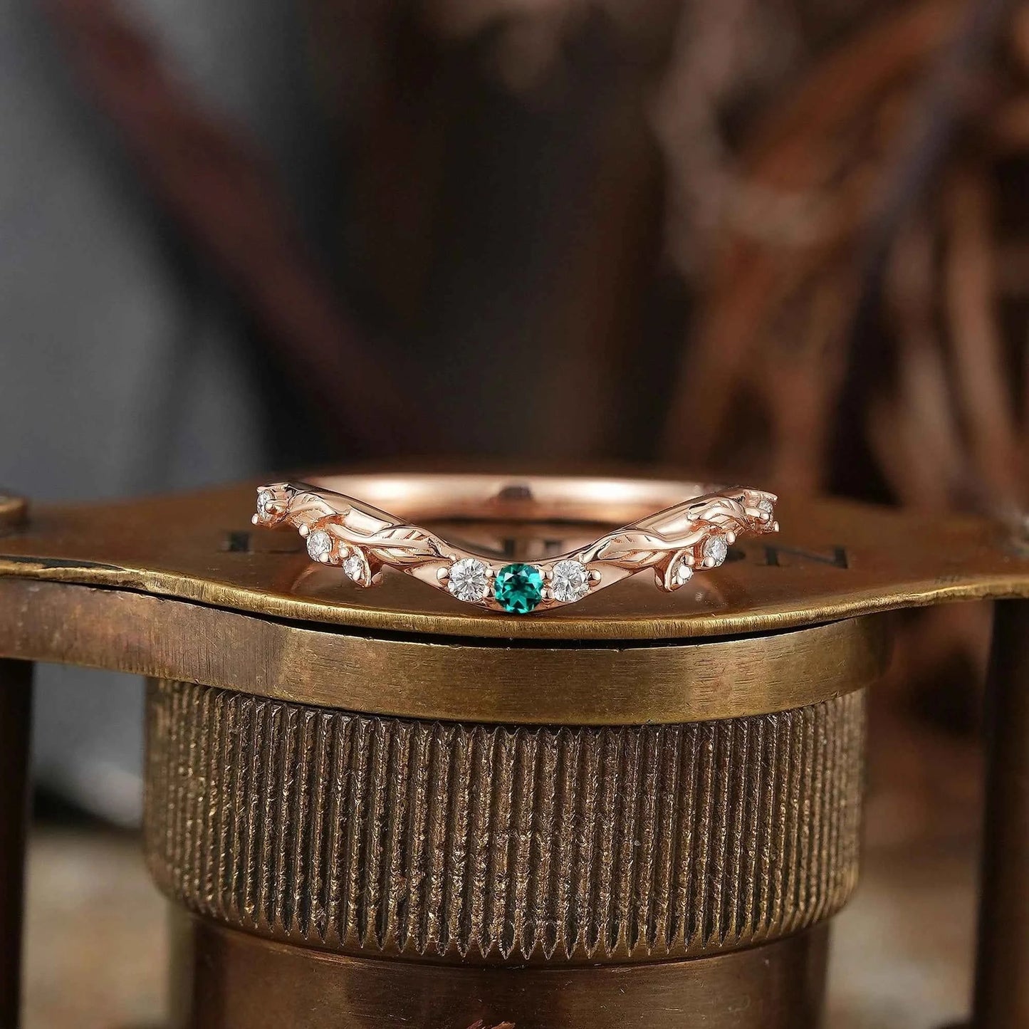 Lab Emerald Wedding Band Leaf Inspired Curved Wedding Ring