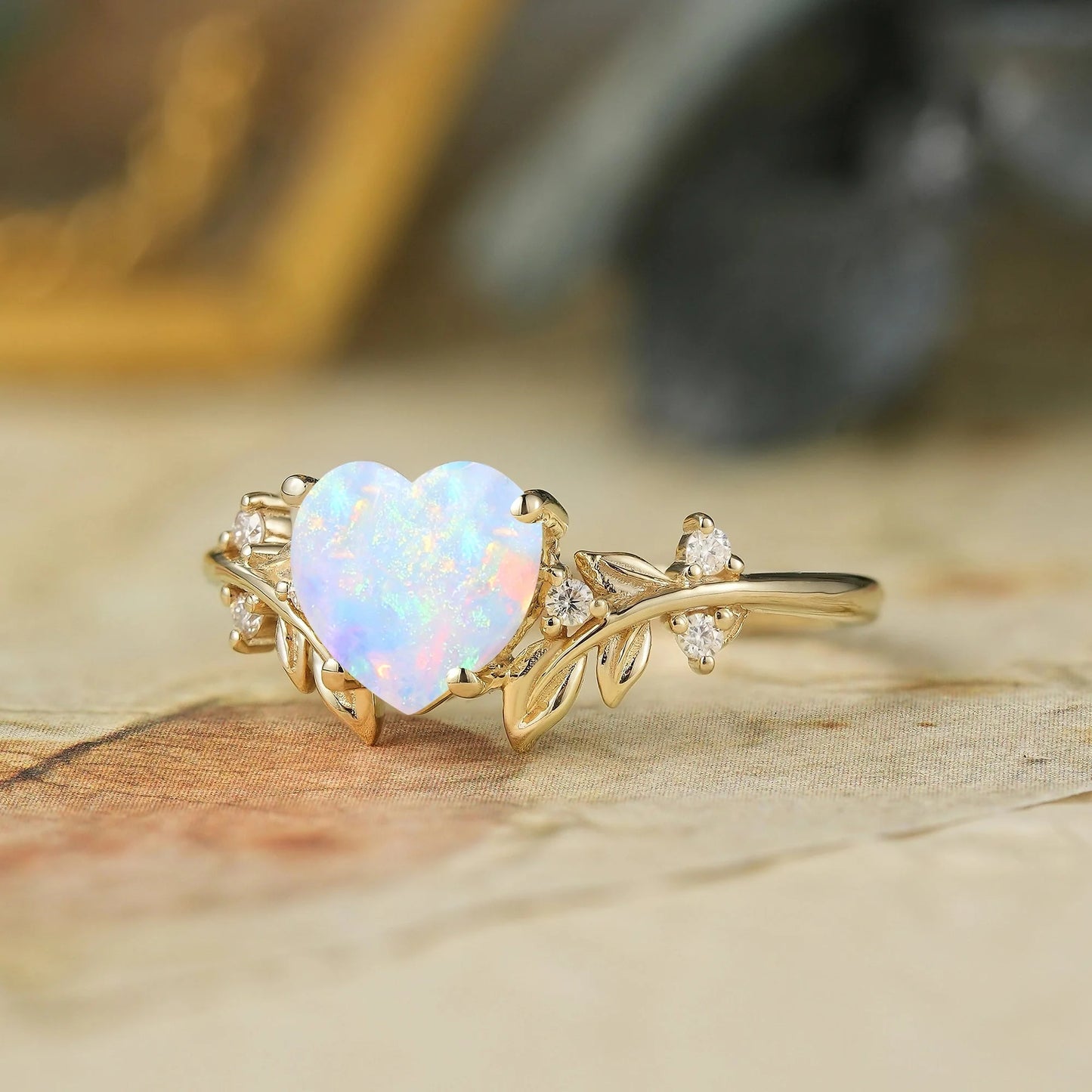 Laurel Leaf Inspired Heart Shaped Opal Engagement Ring - Iris