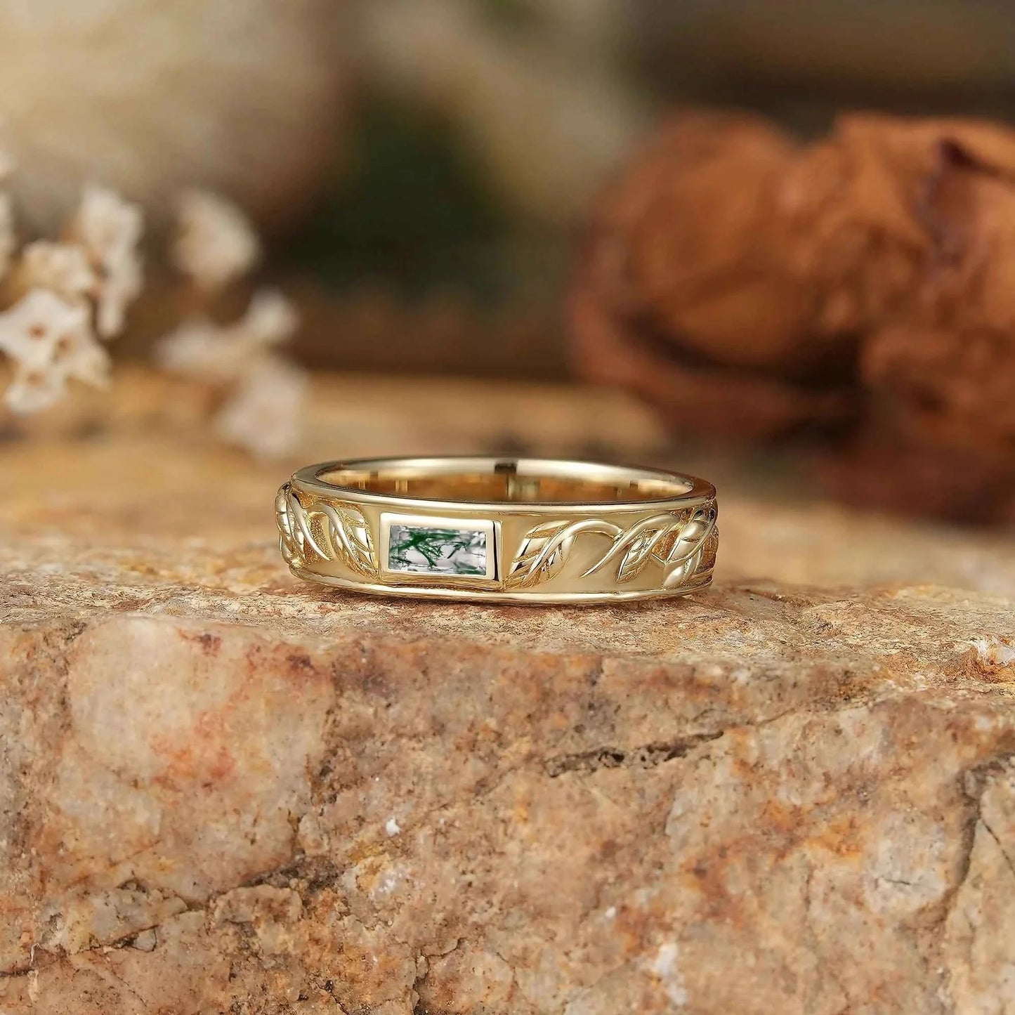 Leaf Inspired Rectangle Moss Agate Men's Band - Zane