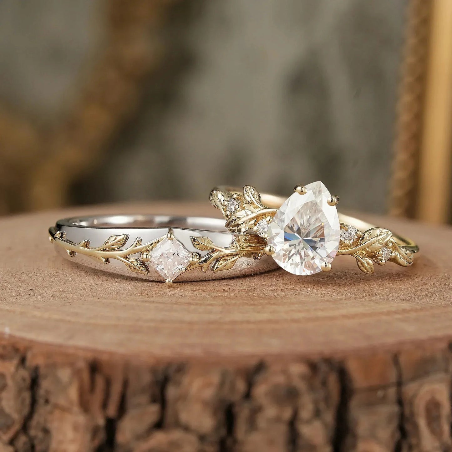 Leaf lnspired Moissanite Couple Ring Set-Lock & Key
