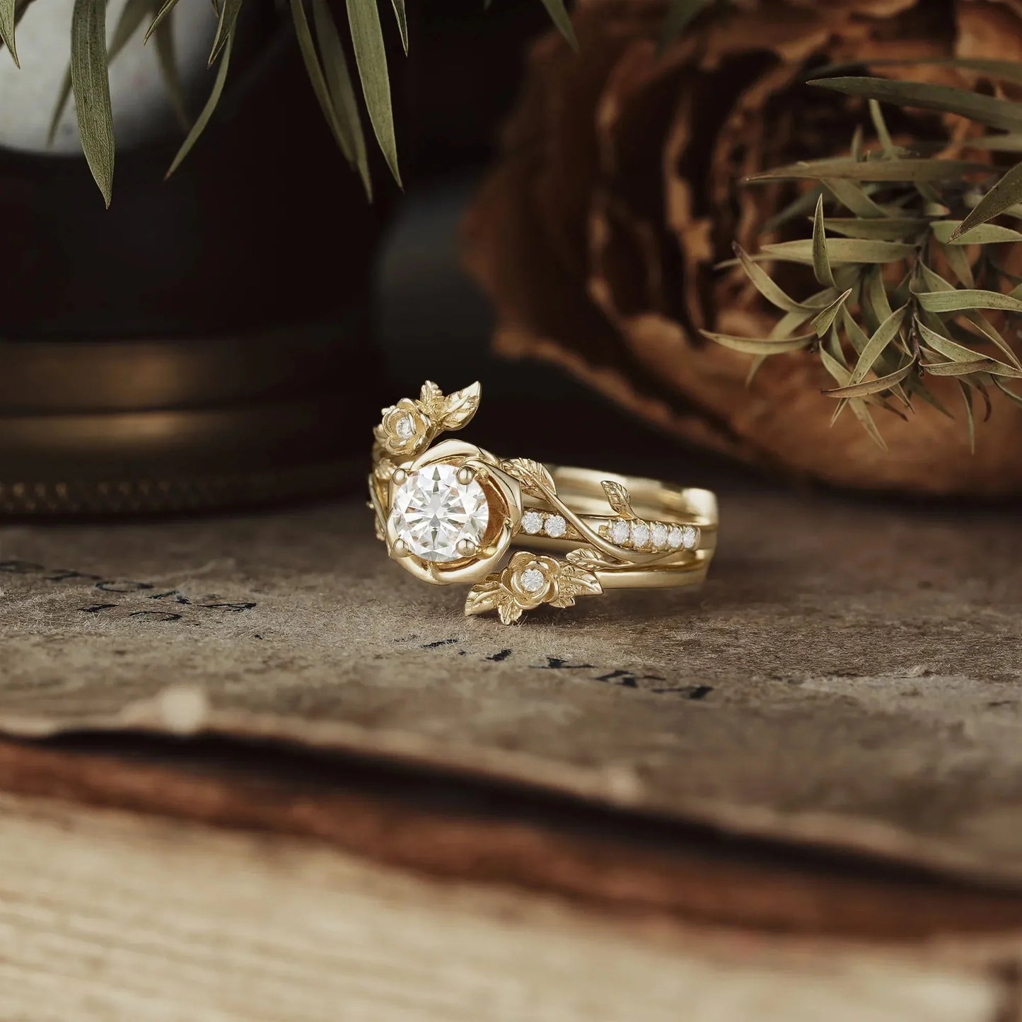 Moissanite Bridal Ring Set | Rose Blossom Three Roses Design