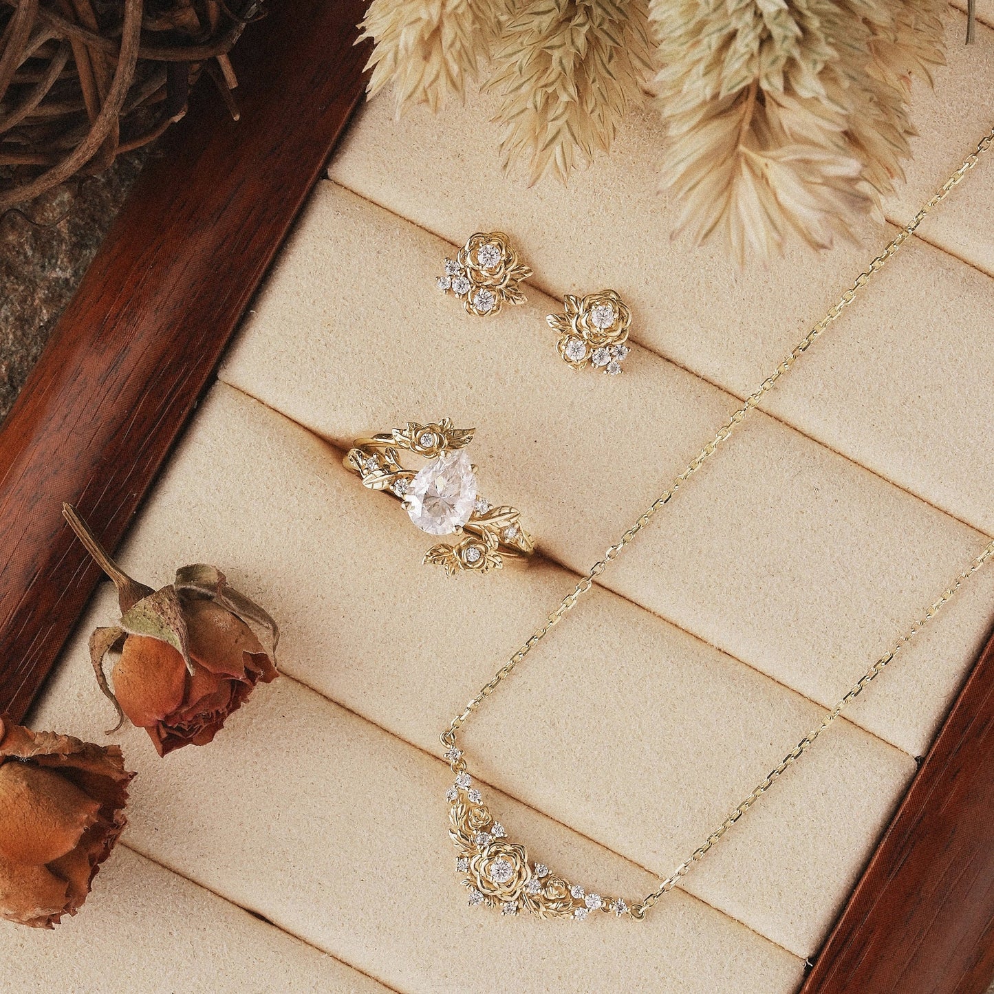 Moissanite Jewelry Sets-Floral Ring & Necklace & Earrings