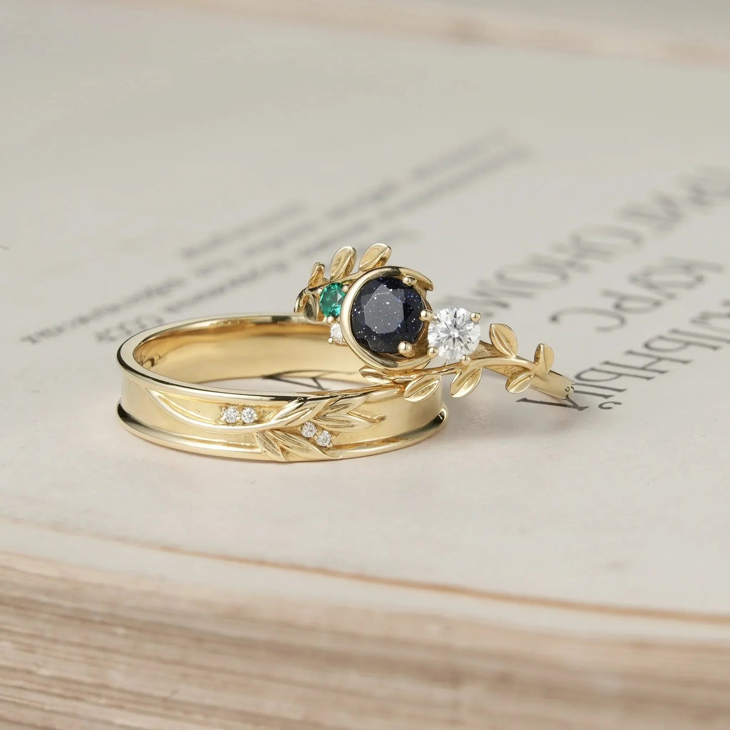 Moon Inspired Star Sandstone and Moissanite Couple Rings - Endless Journey
