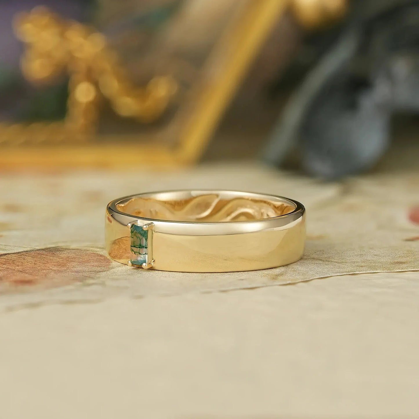 Moss Agate Band with Intricate Scroll and Leaf Inner Engraving - Dominic