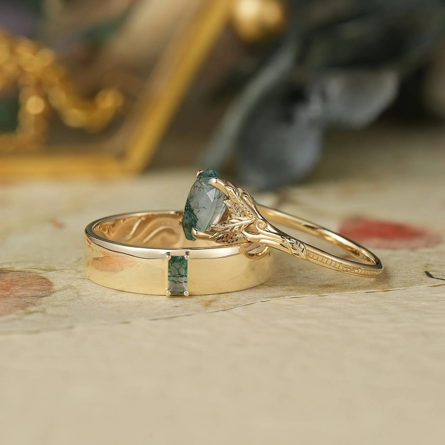 Moss Agate Couple Ring Set-You Are My Always