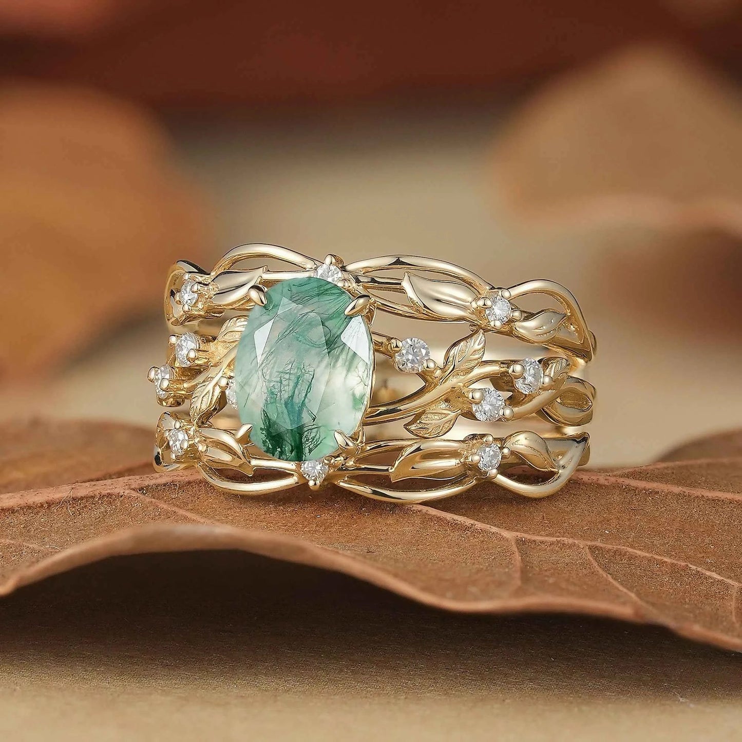 Moss Agate Leafy Enhancer Ring Set 2pcs-Aya