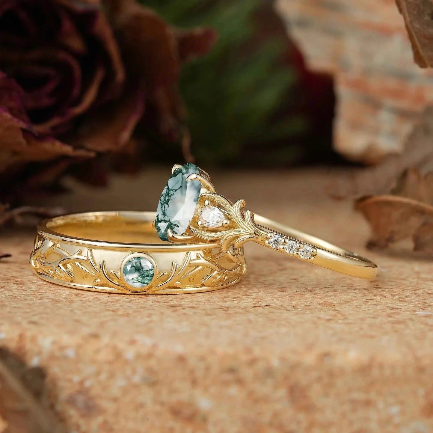Moss Agate Stag Inspired Couple Ring Set Nature Inspired Elven Rings