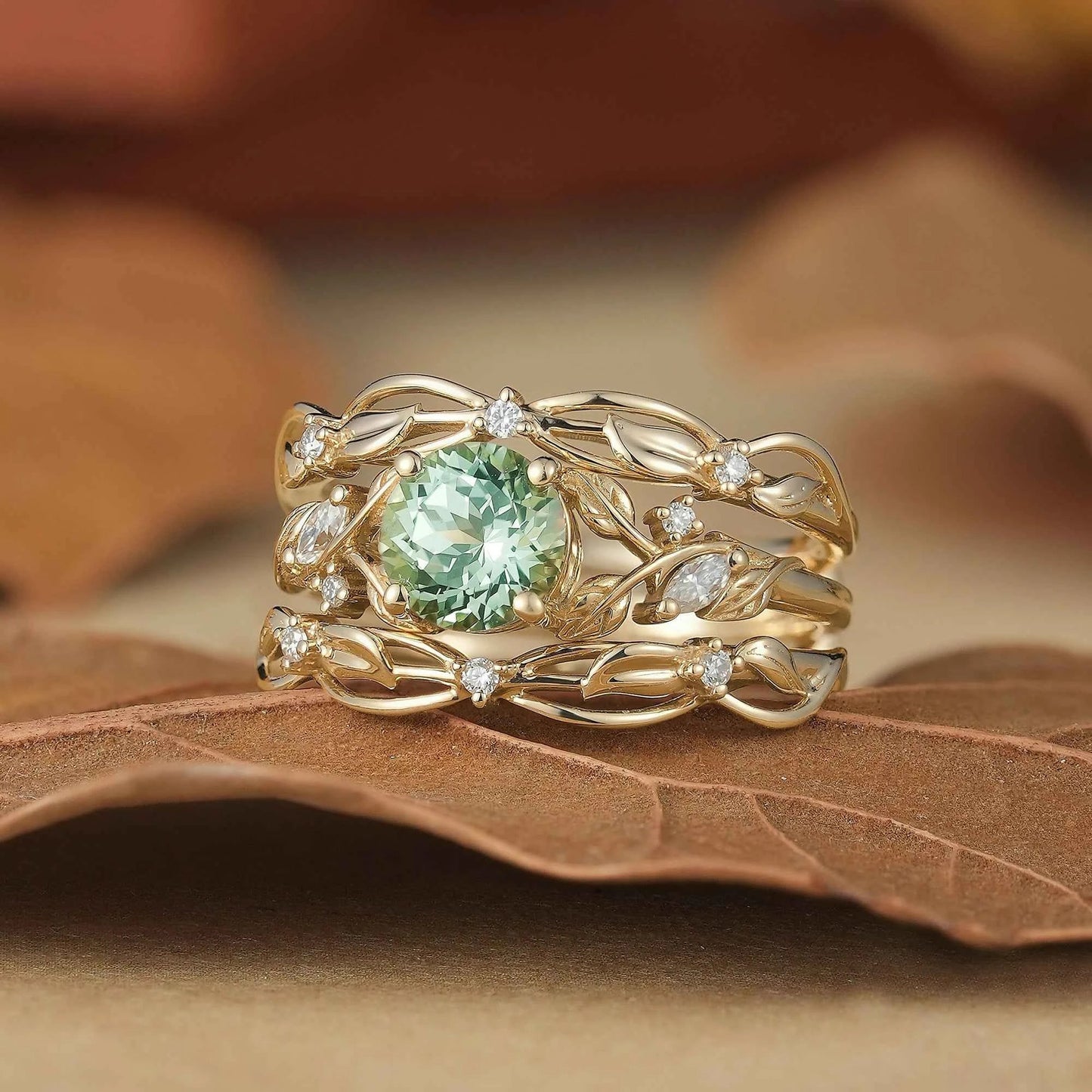 Natural Green Sapphire & Moissanite Ring Set 2pcs-Lumi