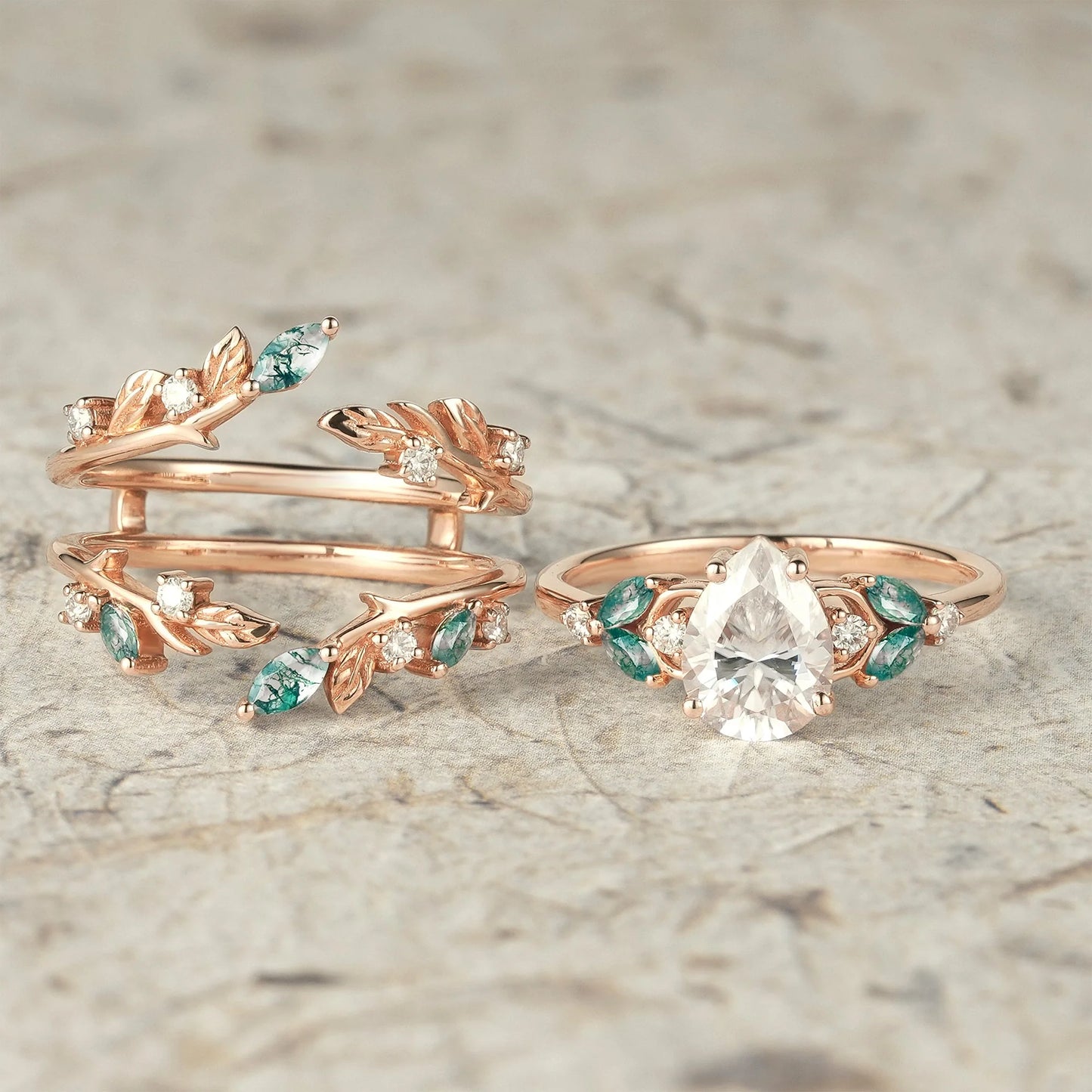 Nesting Design Moissanite & Moss Agate Ring Set 2pcs-Vespera