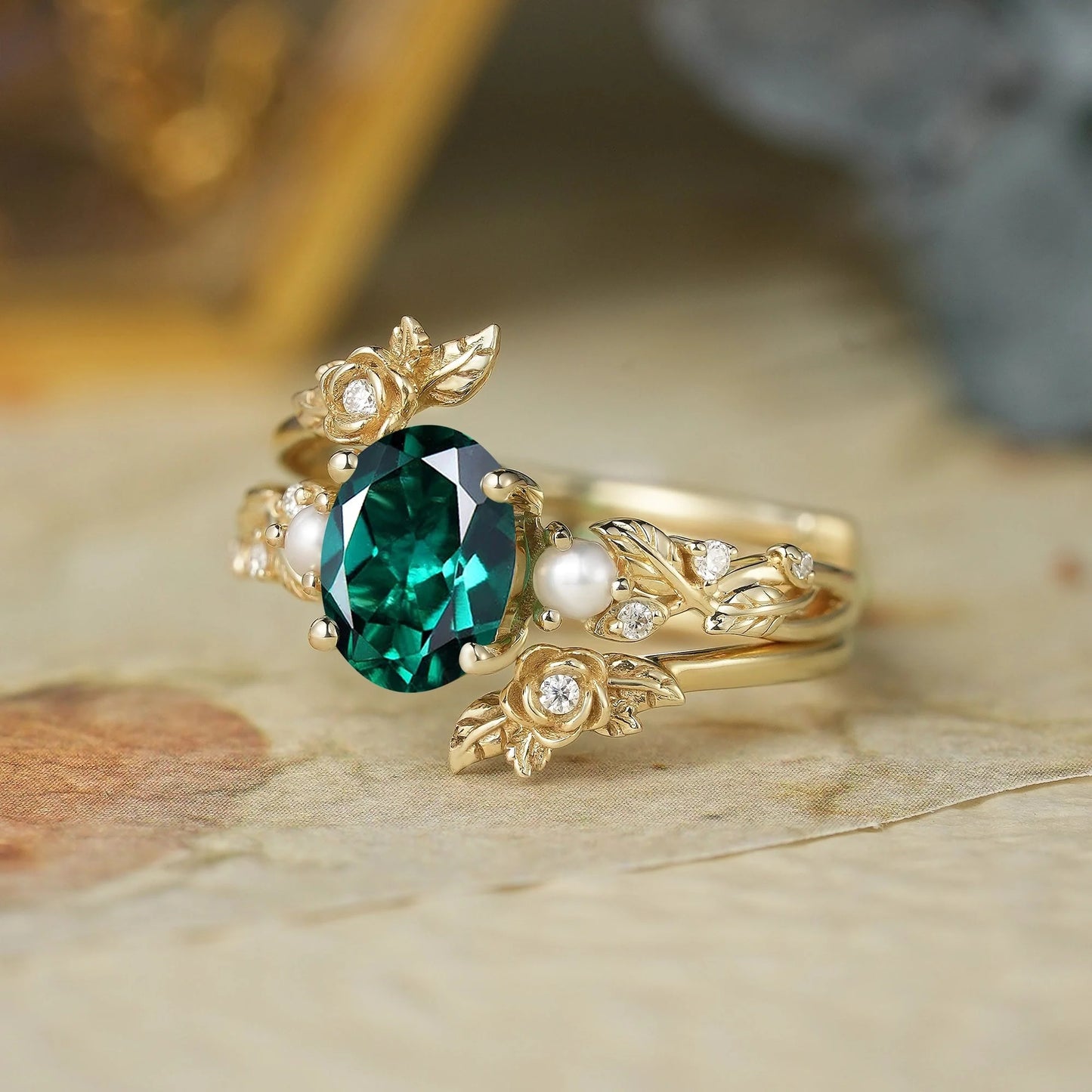 Oval Cut Emerald Ring - Rose Blossom Vine Ring Set | Tessa