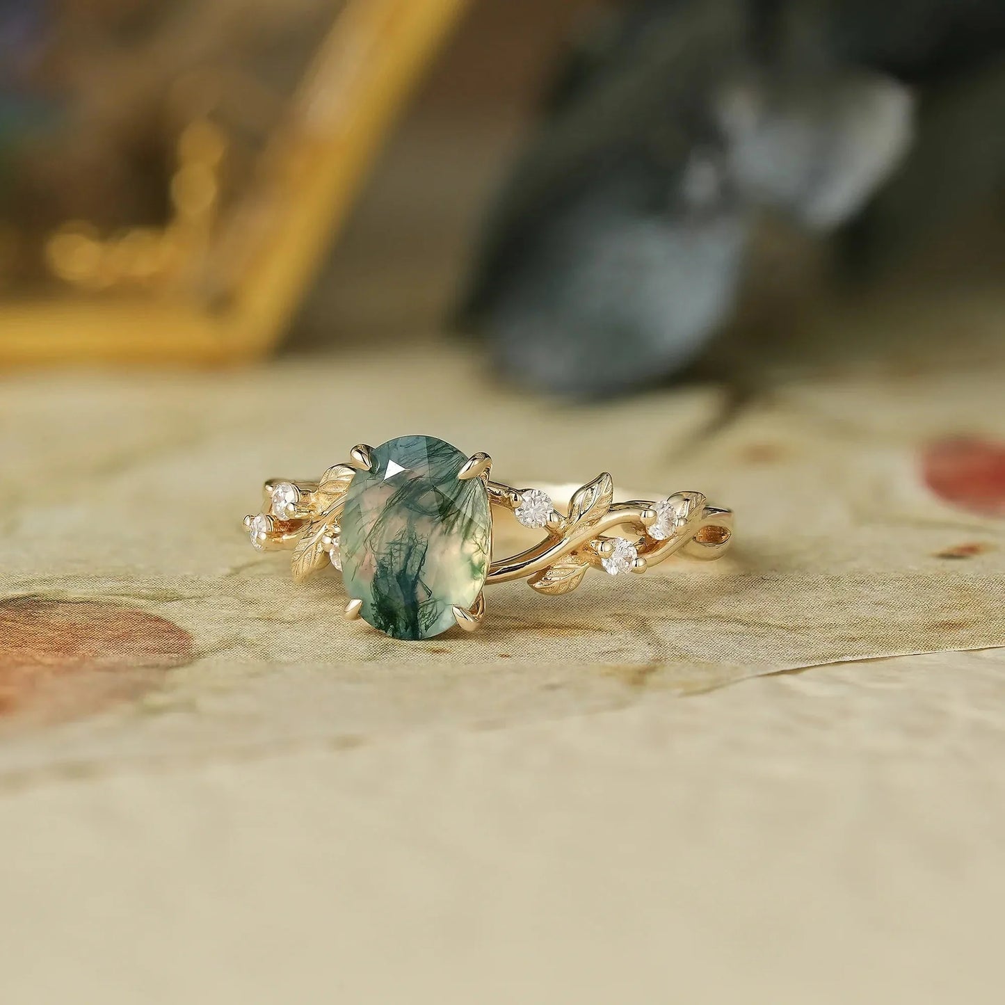 Oval Cut Moss Agate Leaf Engagement Ring - Mabel - GemsMagic
