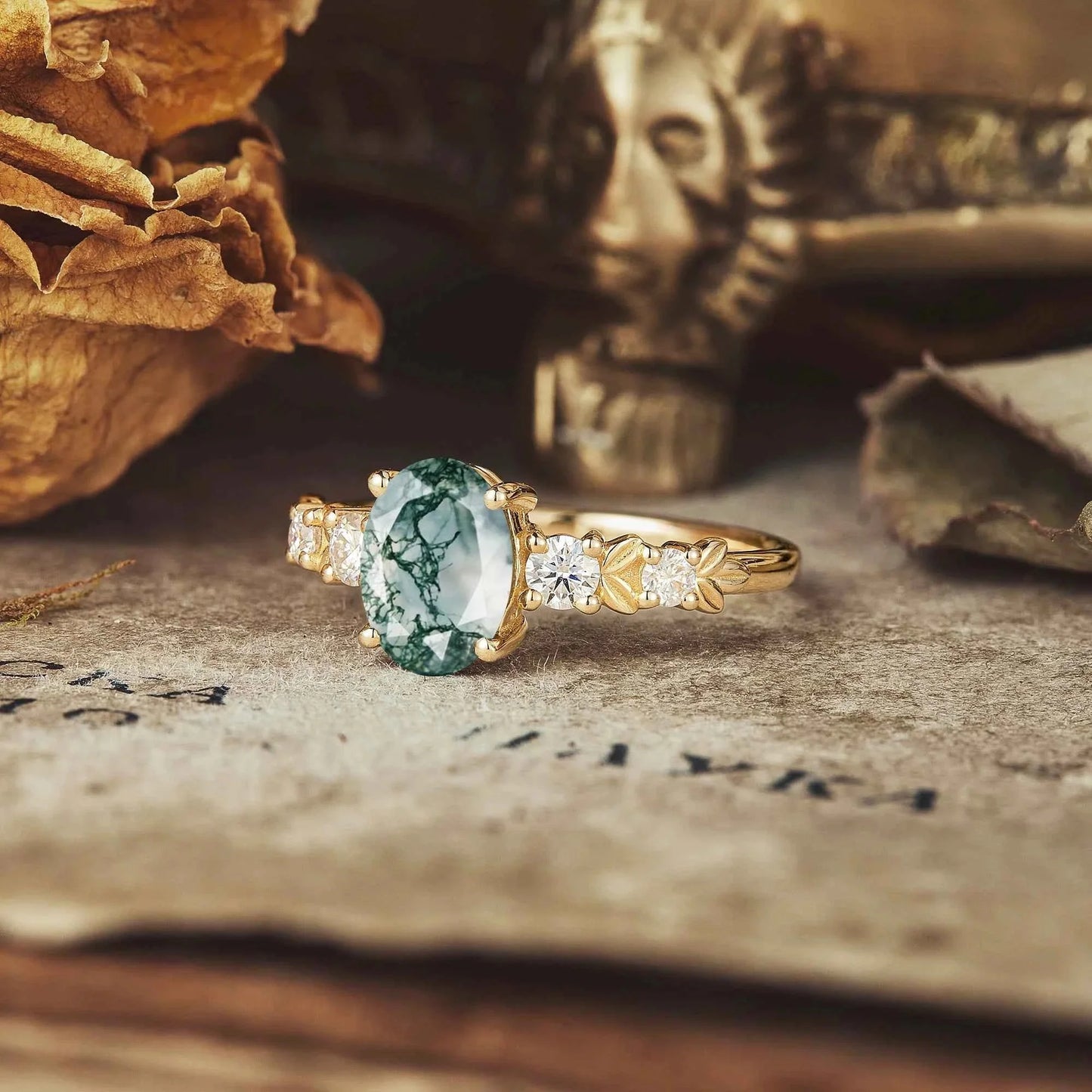 Oval Cut Moss Agate Leaf Inspired Elven Engagement Ring
