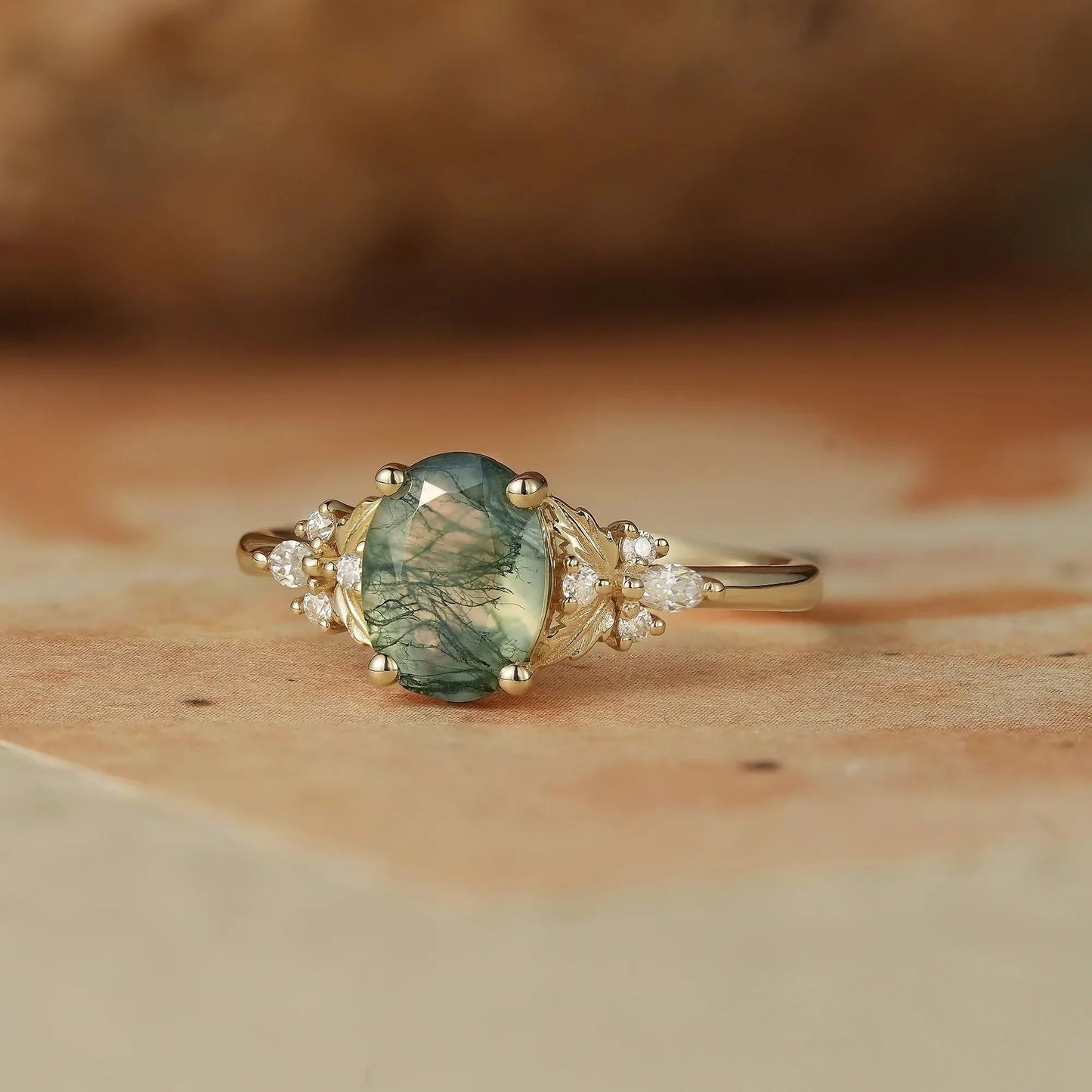 Oval Shaped Moss Agate Engagement Ring-Faye