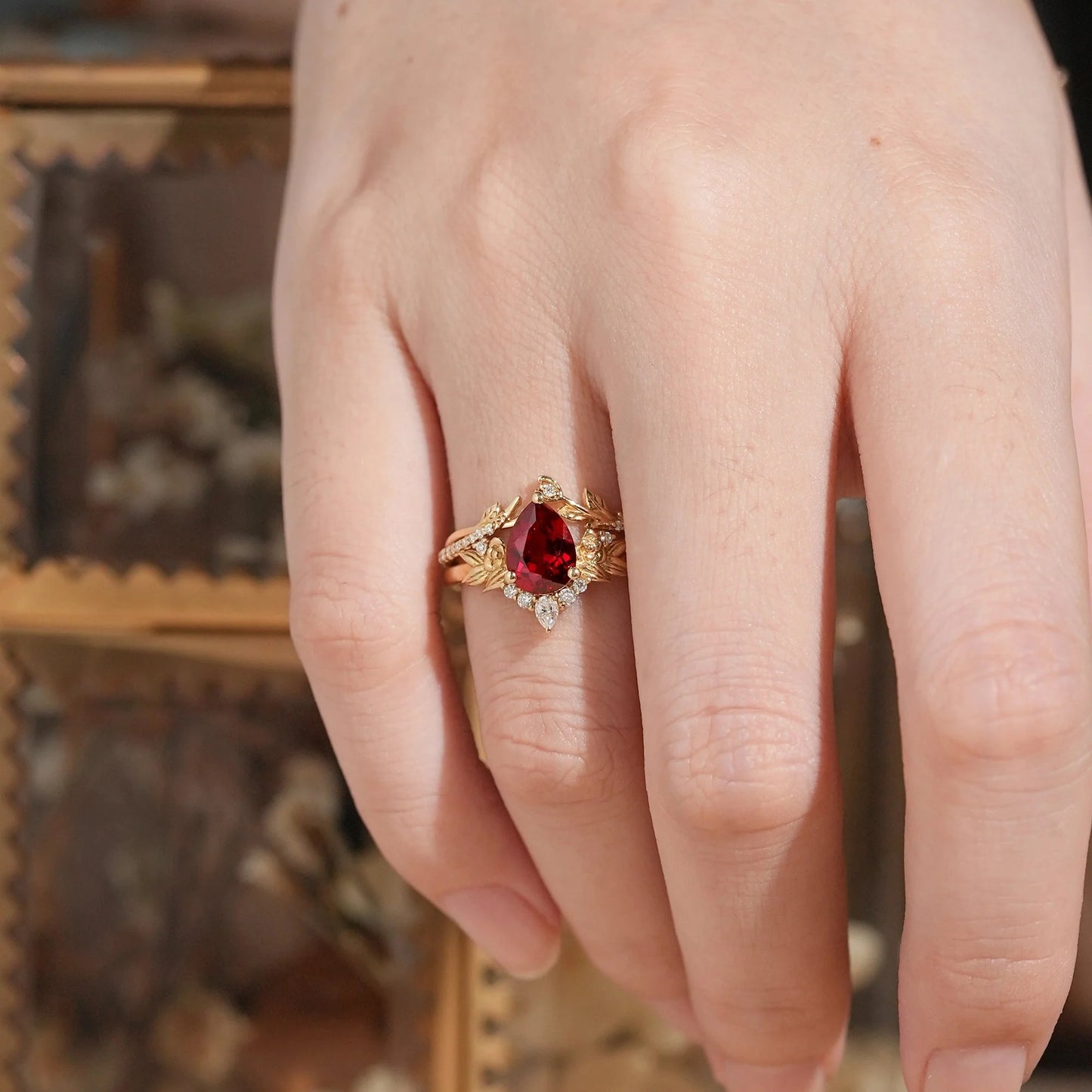 Pear Ruby Rose Gold Ring Leaf And Flower Inspired Bridal Set - GemsMgic