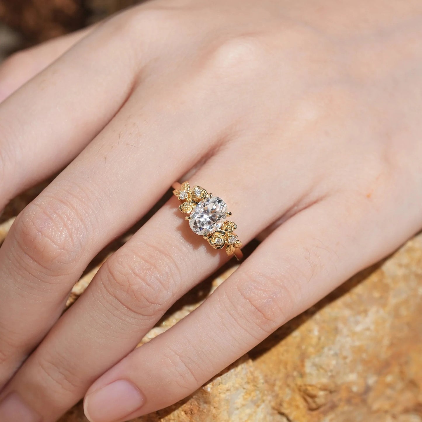 Rose Blossom: Nature Inspired Oval Cut Moissanite Engagement Ring - Evangeline