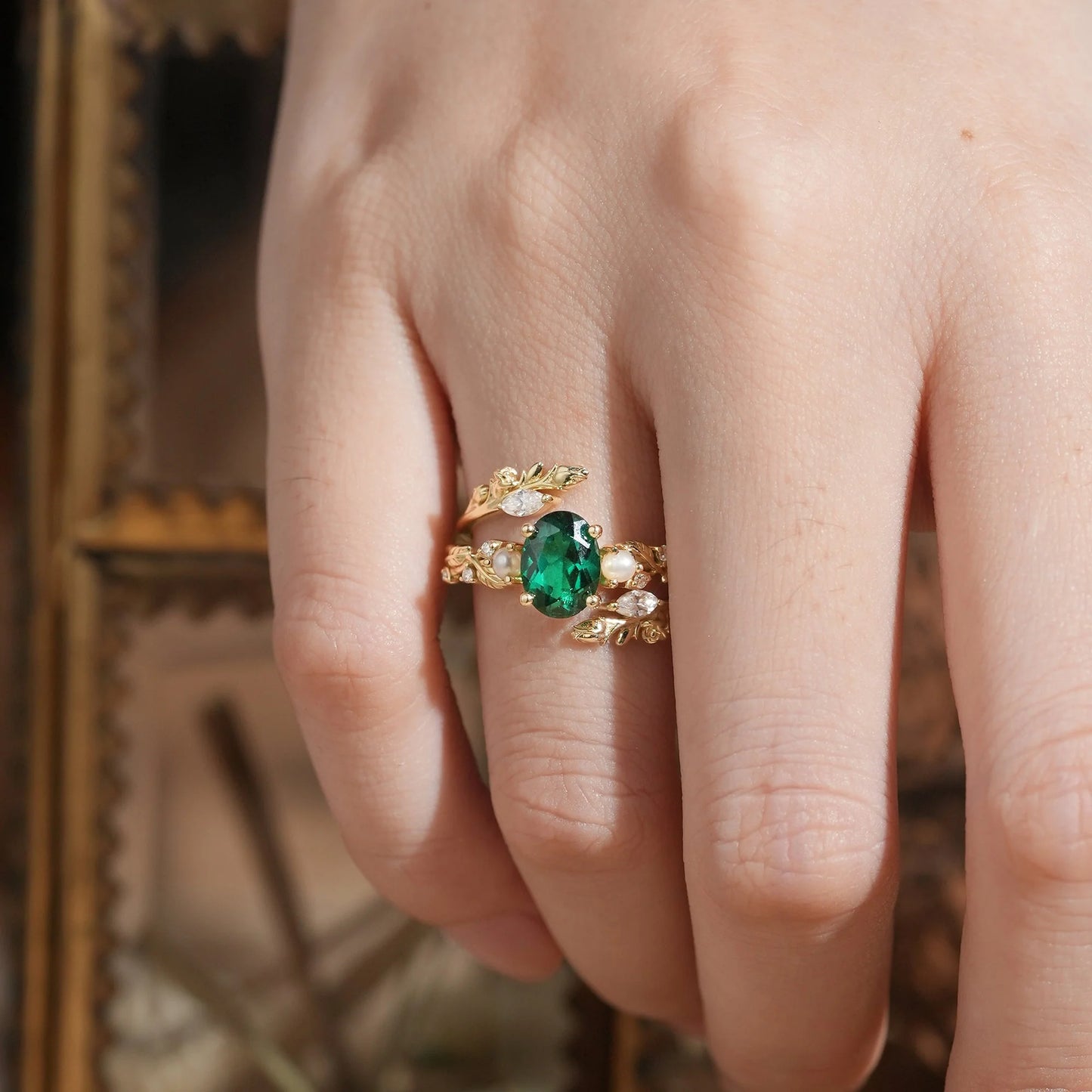 Rose Blossom: Oval Cut Lab Emerald & Pearl Nature Inspired Bridal Ring Set