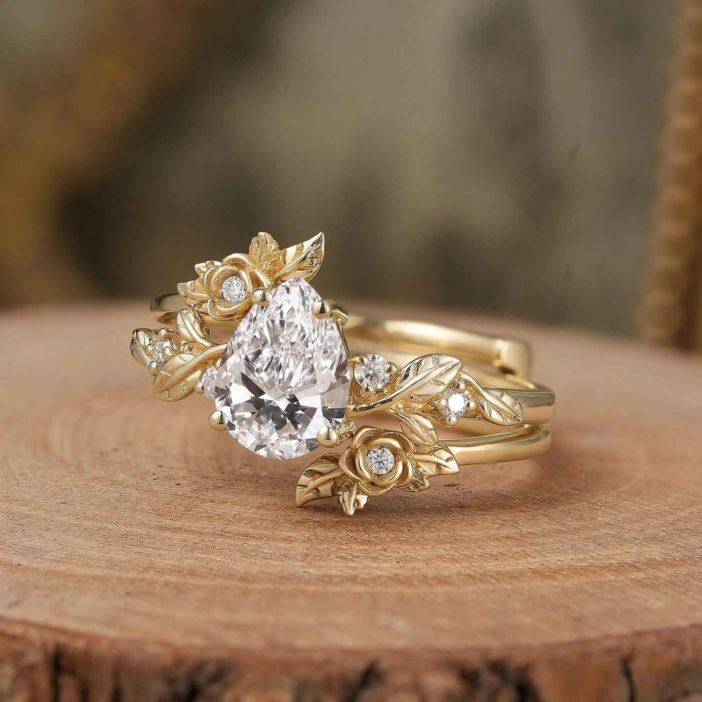 Rose Blossom: Pear-Cut Lab Grown Diamond Floral Ring Set - Camille