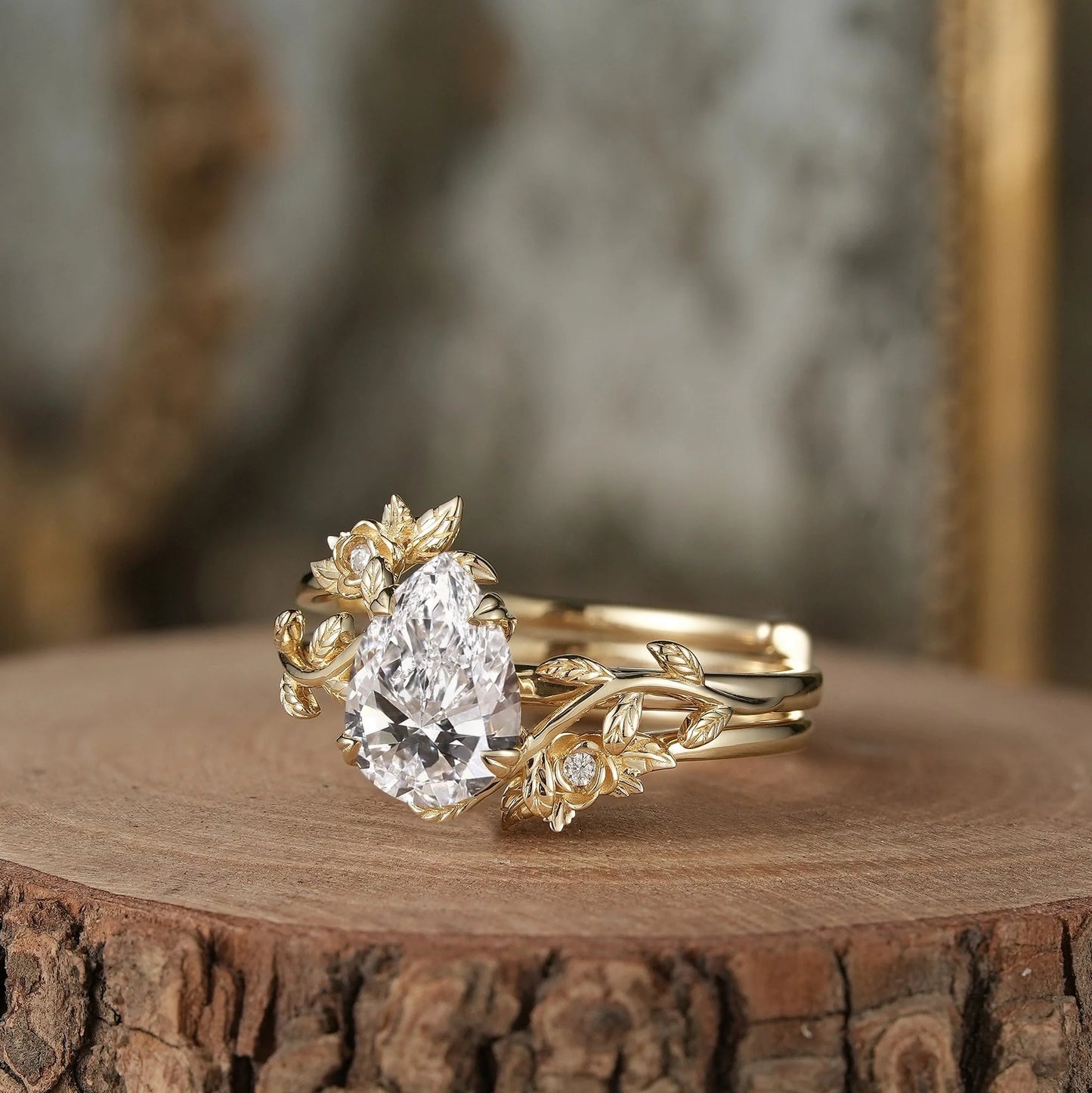 Rose Blossom: Pear-Cut Lab Grown Diamond Leaf Ring Set - Helena