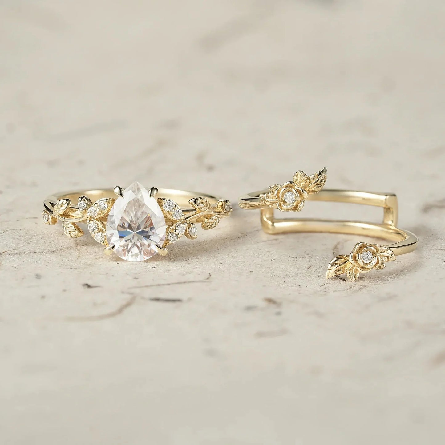 Rose Blossom: Pear Cut Moissanite Leaf Ring Set | Jade