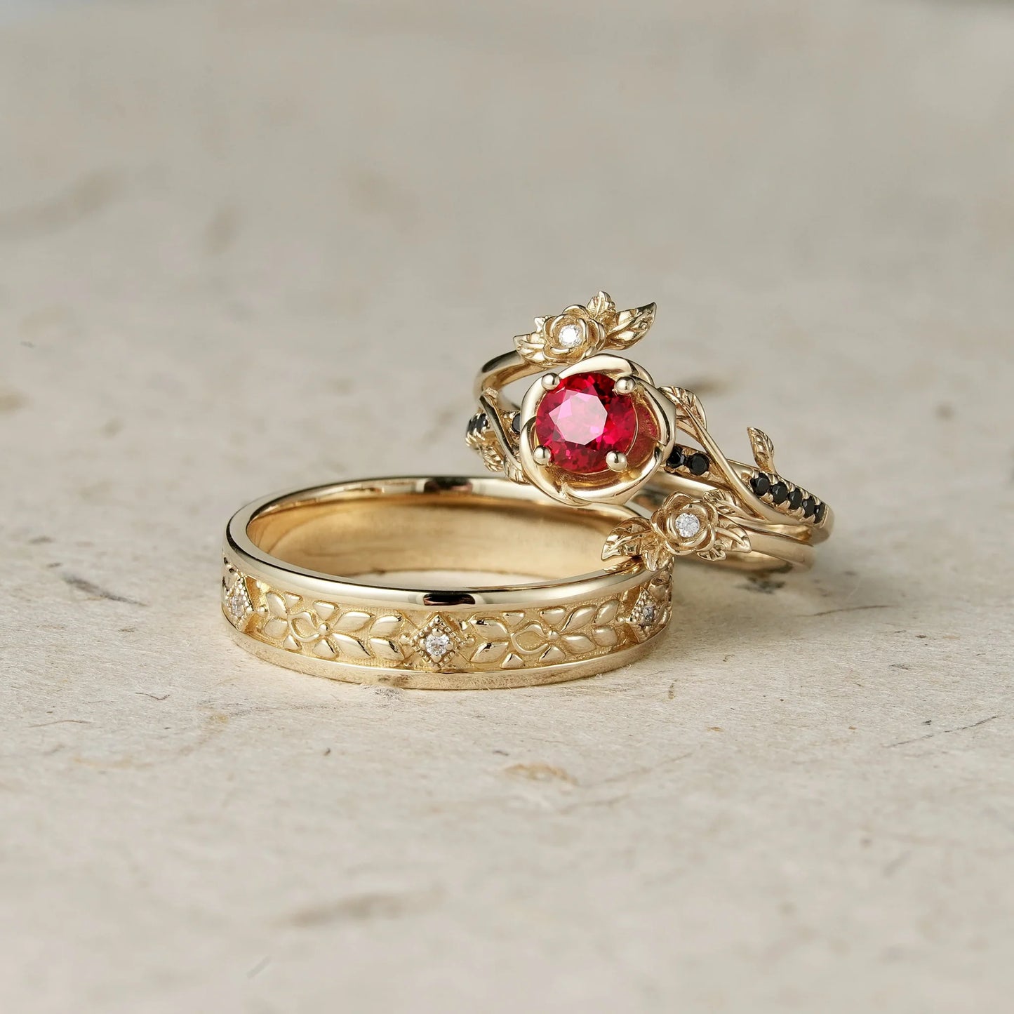 Rose Blossom: Ruby Couple Ring Set-Never Apart