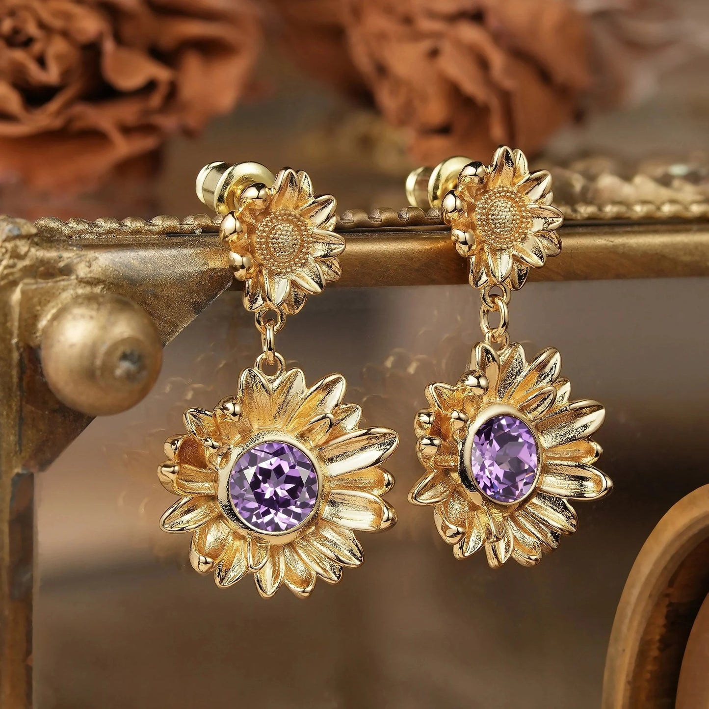 Round Cut Amethyst Earrings Sunflower Inspired Gift For Her - Ruth
