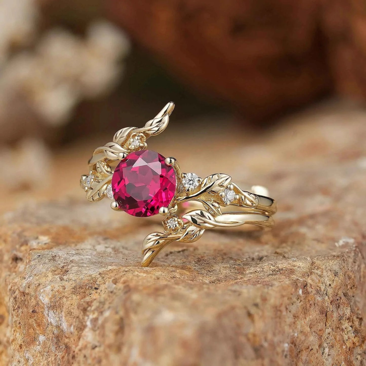 Round Ruby with Moissanite Floral Enhancer Ring Set - Nyx
