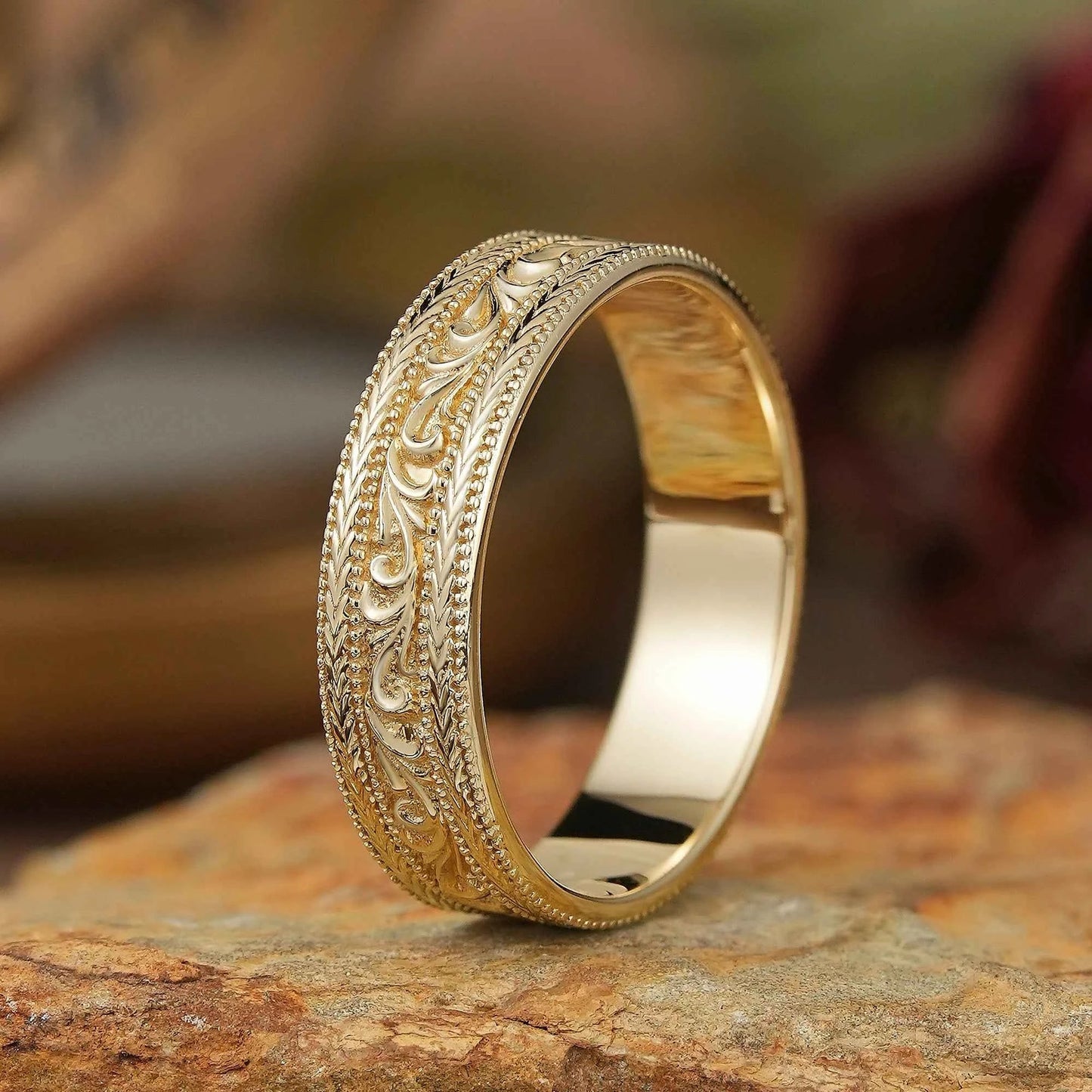 Solid Gold Leaf And Vine Milgrain Men's Ring - Bradley