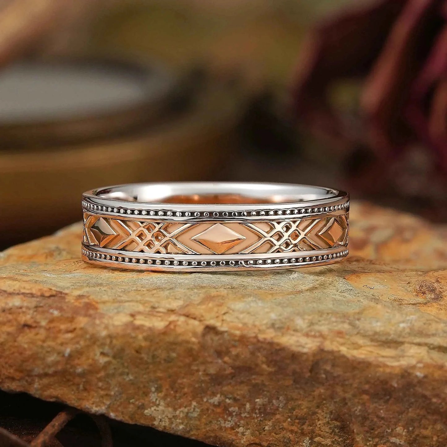 Solid Gold Mixed Metal Milgrain Unique Men's Ring - Benedict