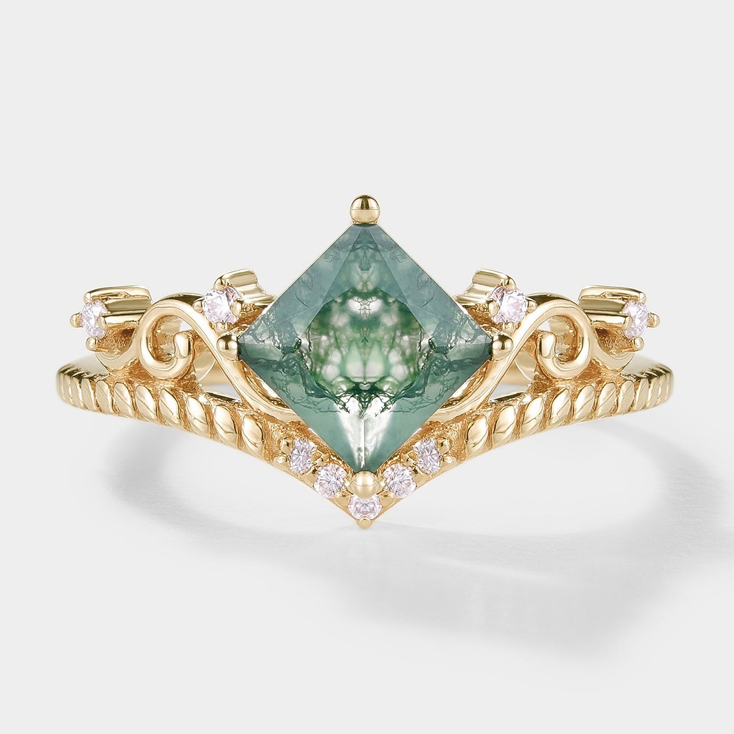 Princess Cut Moss Agate Vintage Engagement Ring
