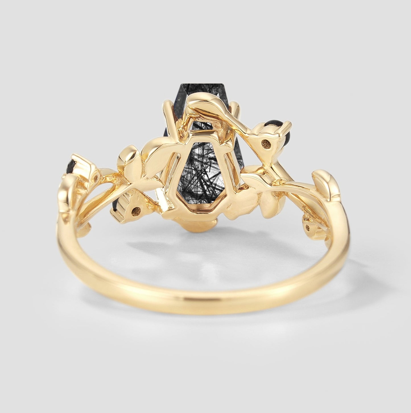 Unique Design Coffin Cut Black Rutilated Quartz Leaf Proposal Ring