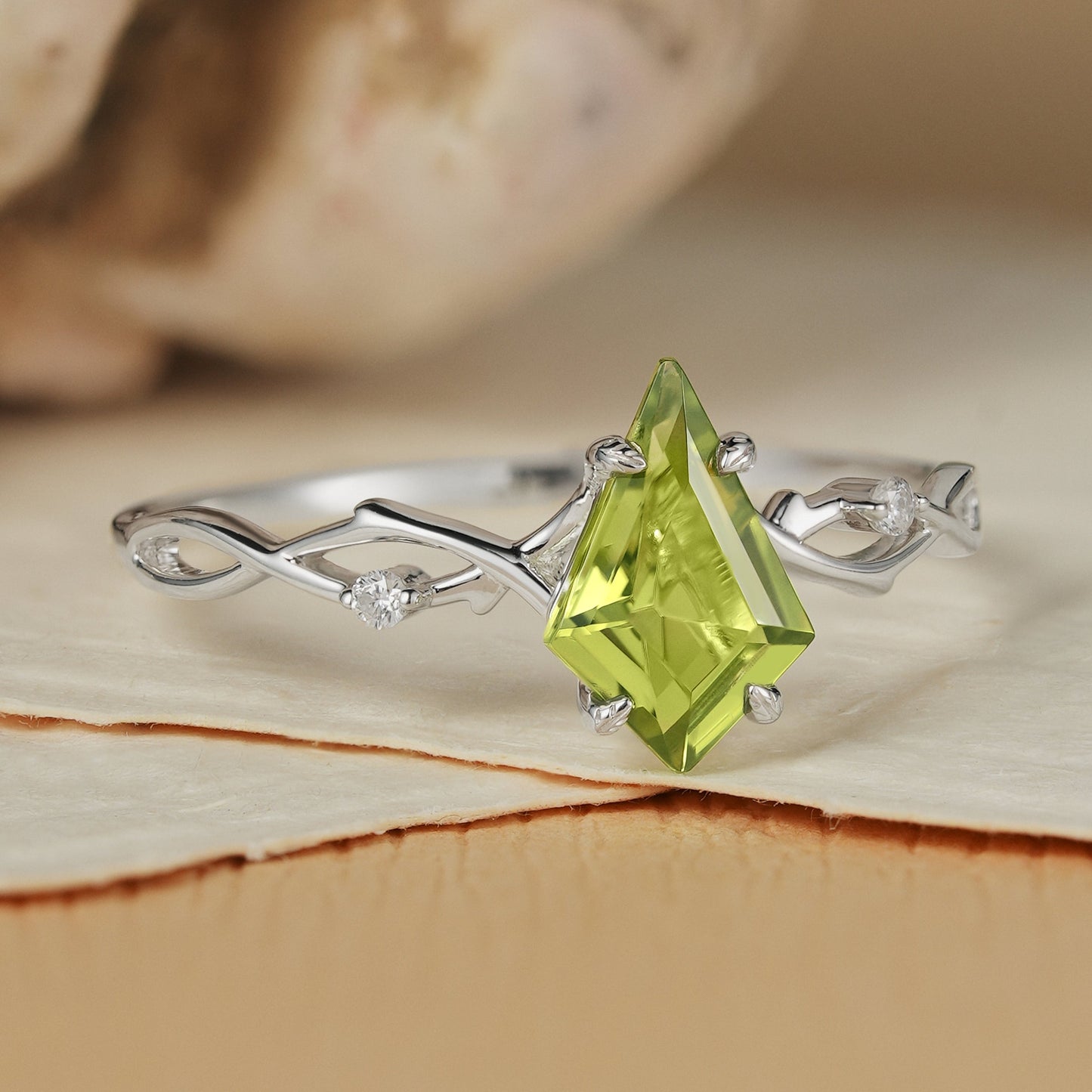 Unique Kite Cut Peridot Vine Gemstone Ring