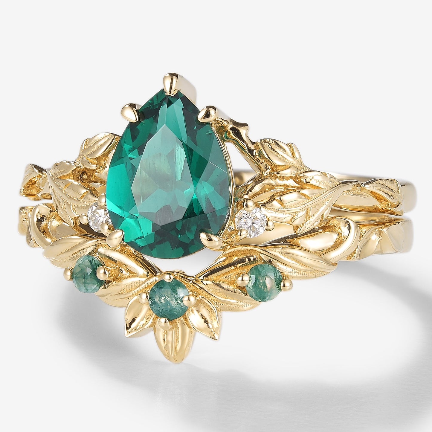 Pear Cut Lab Created Emerald Leaf Bridal Sets 2pcs