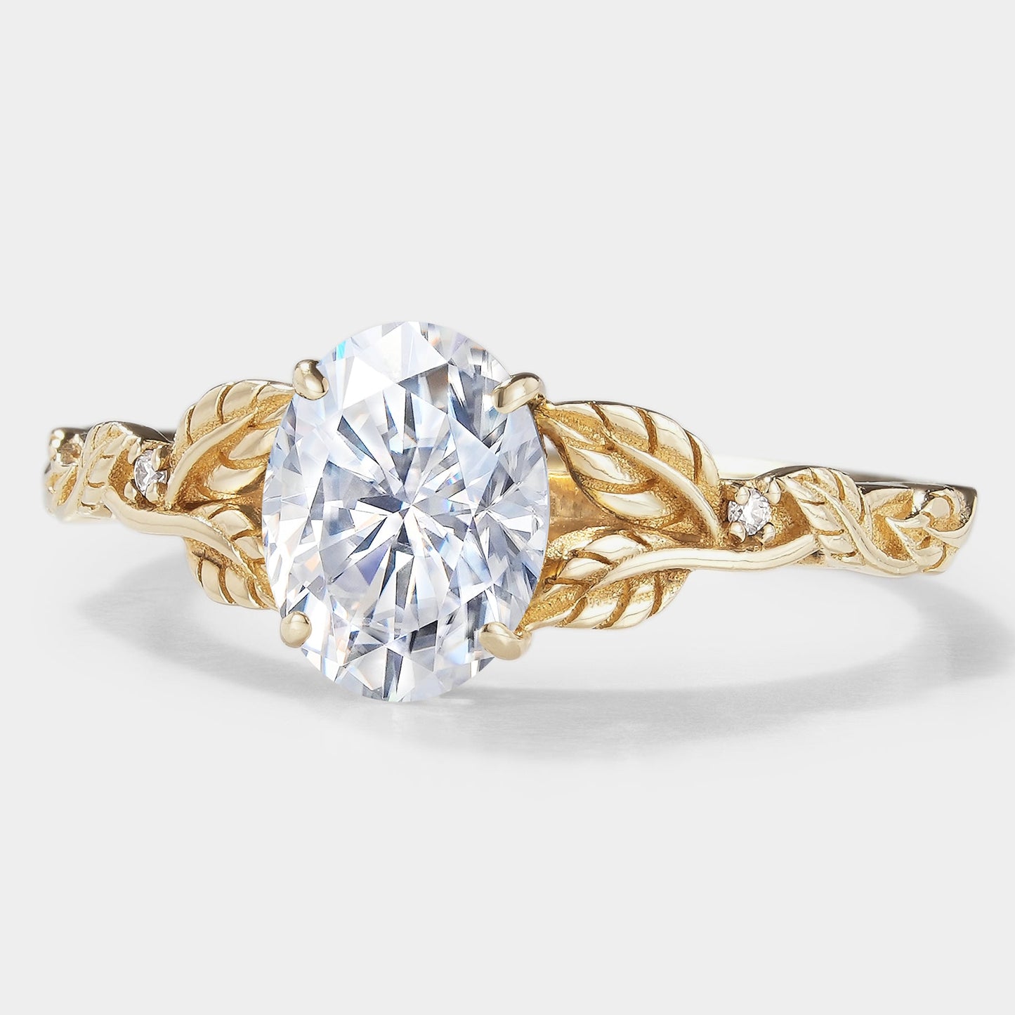 Oval Moissanite Engagement Ring with Leaf Inspired Band - Leafora