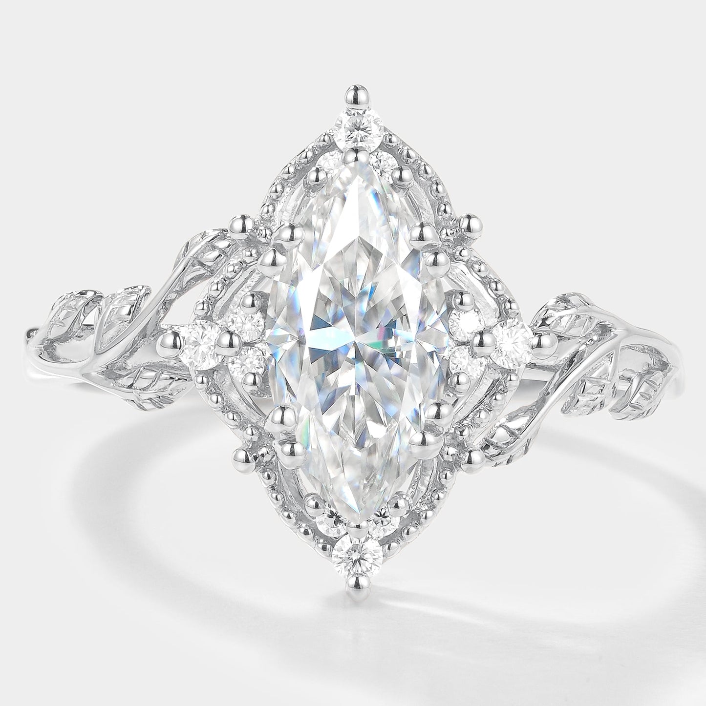 Marquise Cut Moissanite Ring with Leaf Design