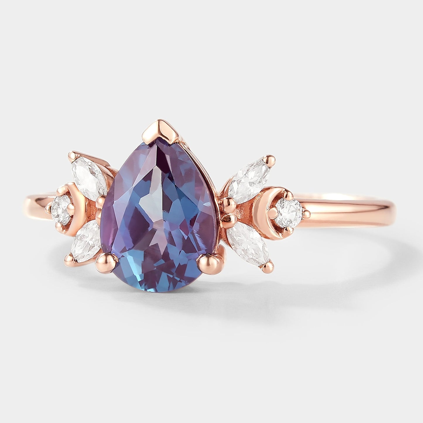 Pear Cut Alexandrite Engagement Ring With Moissanite Cluster
